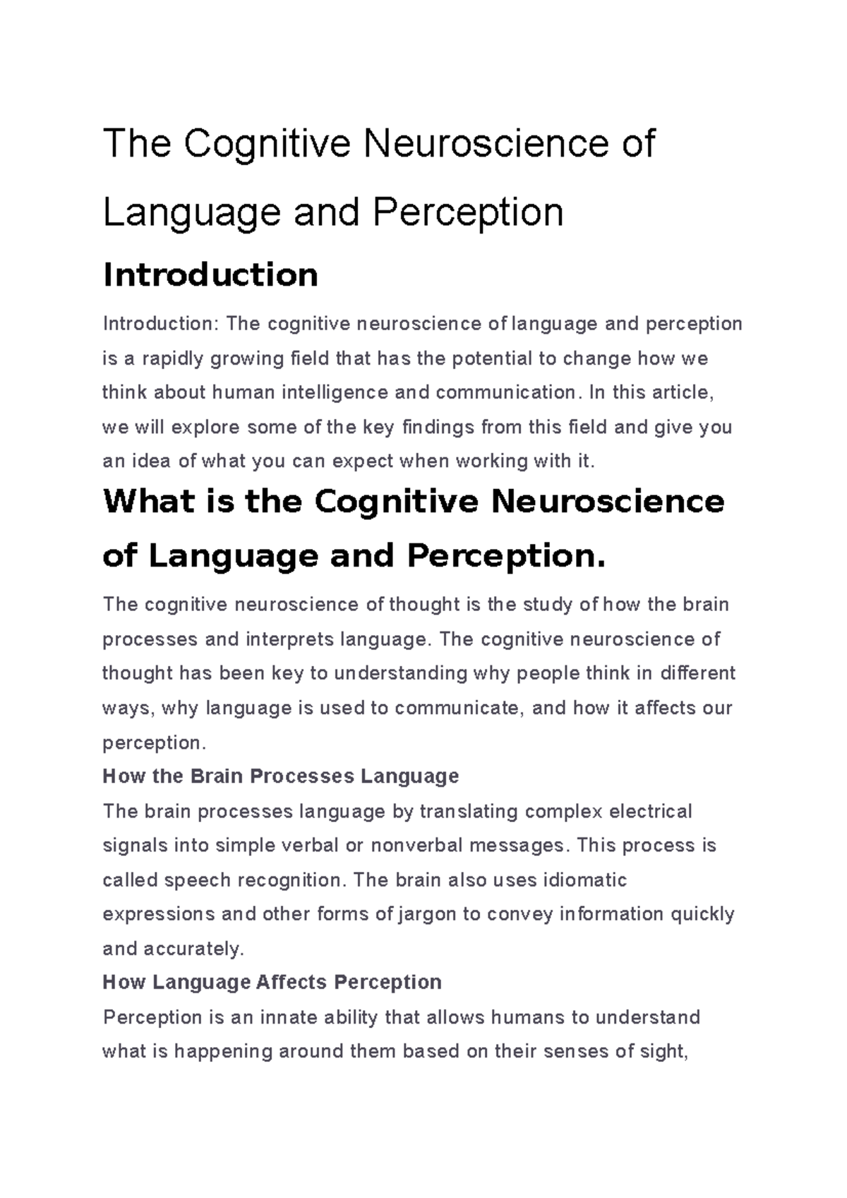 The Cognitive Neuroscience of Language and Perception - The Cognitive ...