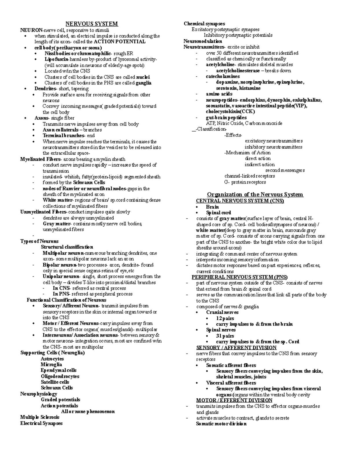 Nervous System Detailed Outline - Nervous System Neuron-nerve Cell 