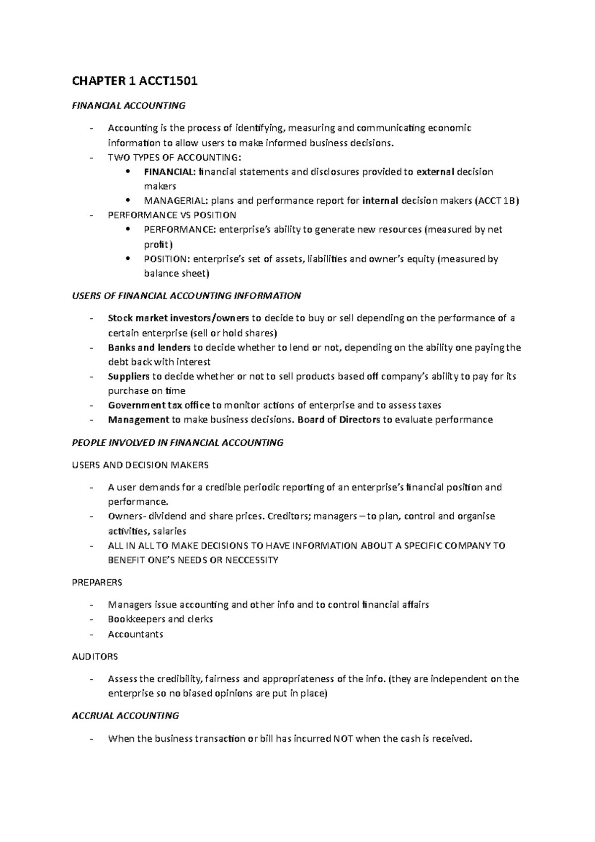 ACCT 1501 notes - CHAPTER 1 ACCT FINANCIAL ACCOUNTING - Accounting is ...