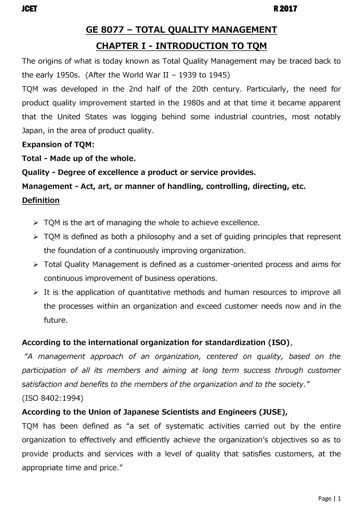 GE8077 TQM UNIT 1 TQM Introduction - GE 8077 – TOTAL QUALITY MANAGEMENT ...