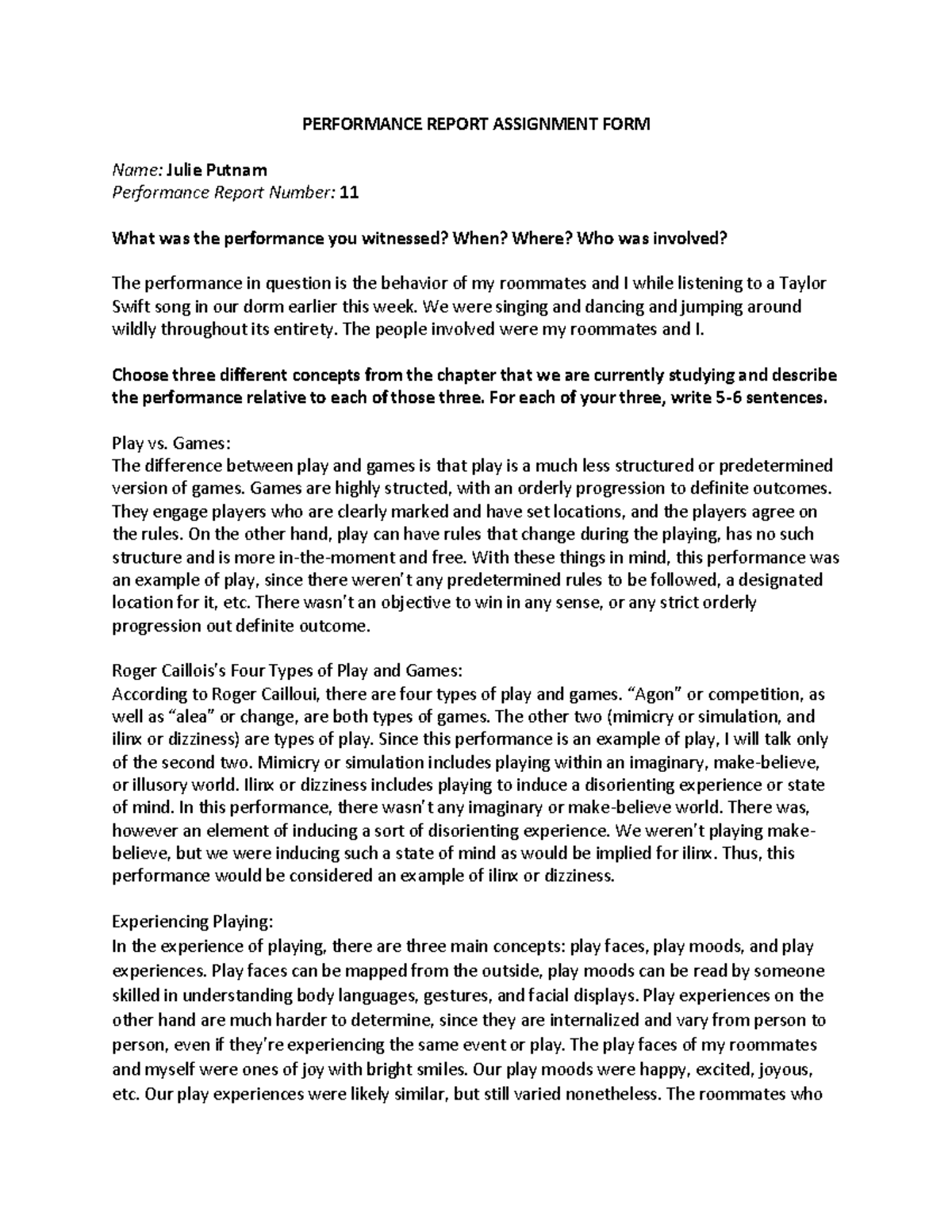 Intro to Performance Studies Performance Report #11 - PERFORMANCE ...