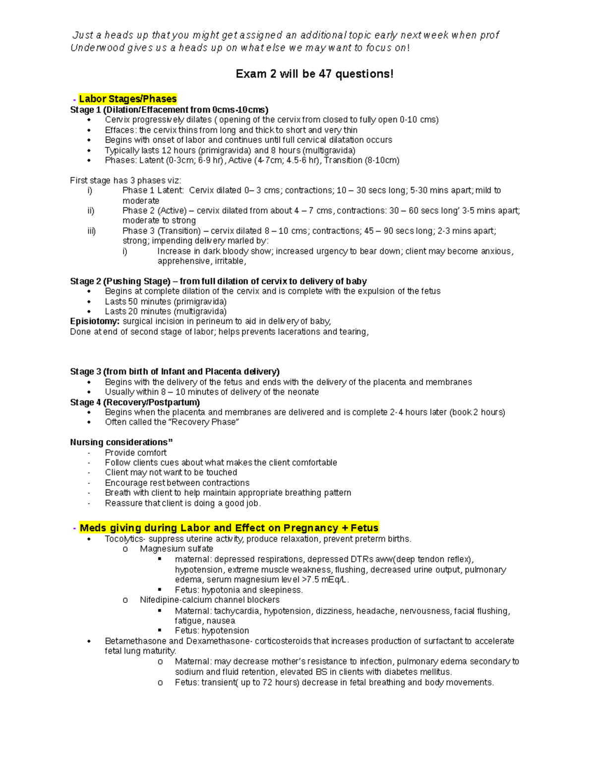 Study Guide Exam 2 OB - OB Notes - NURSING267 - ELAC - Studocu