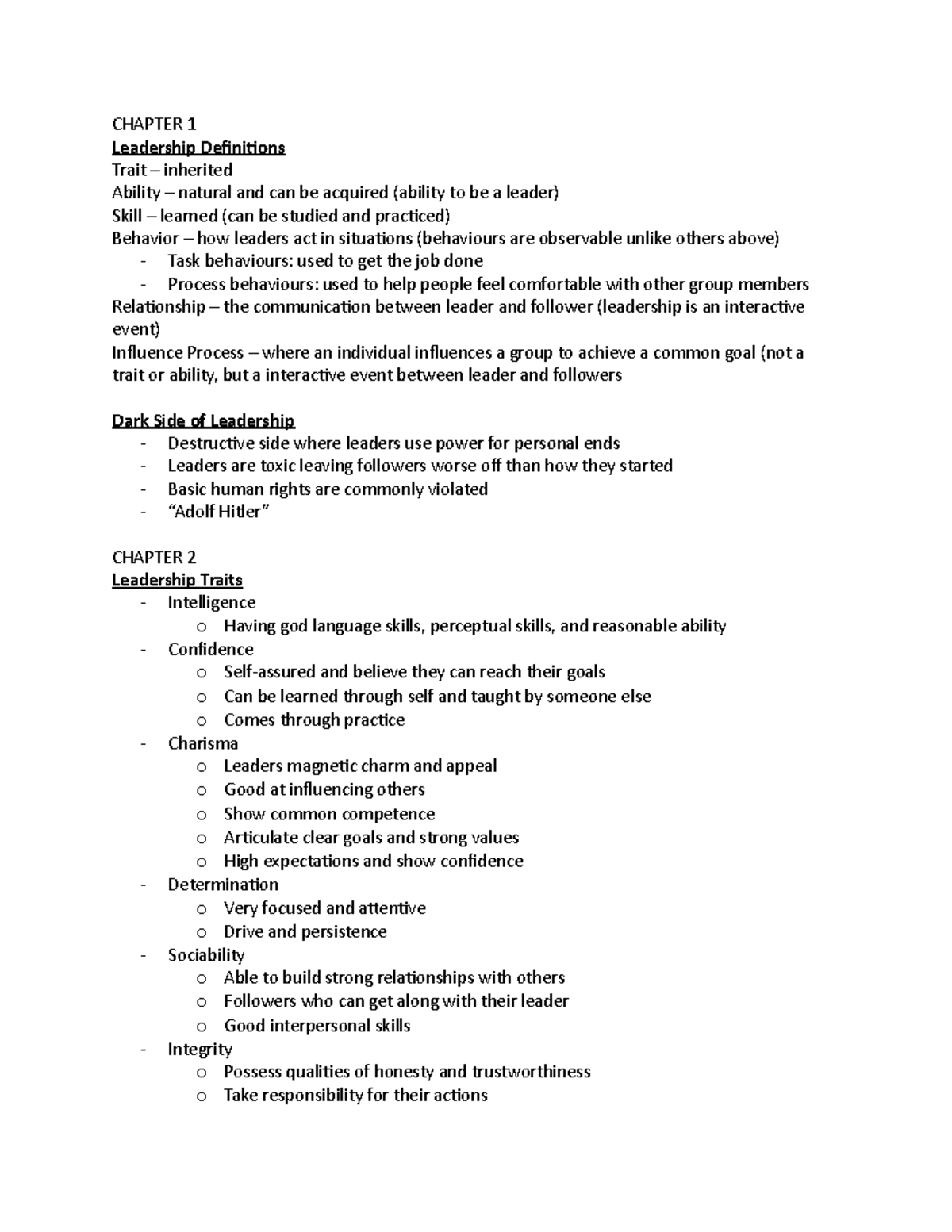 Textbook-notes - fgd - CHAPTER 1 Leadership Definitions Trait inherited ...