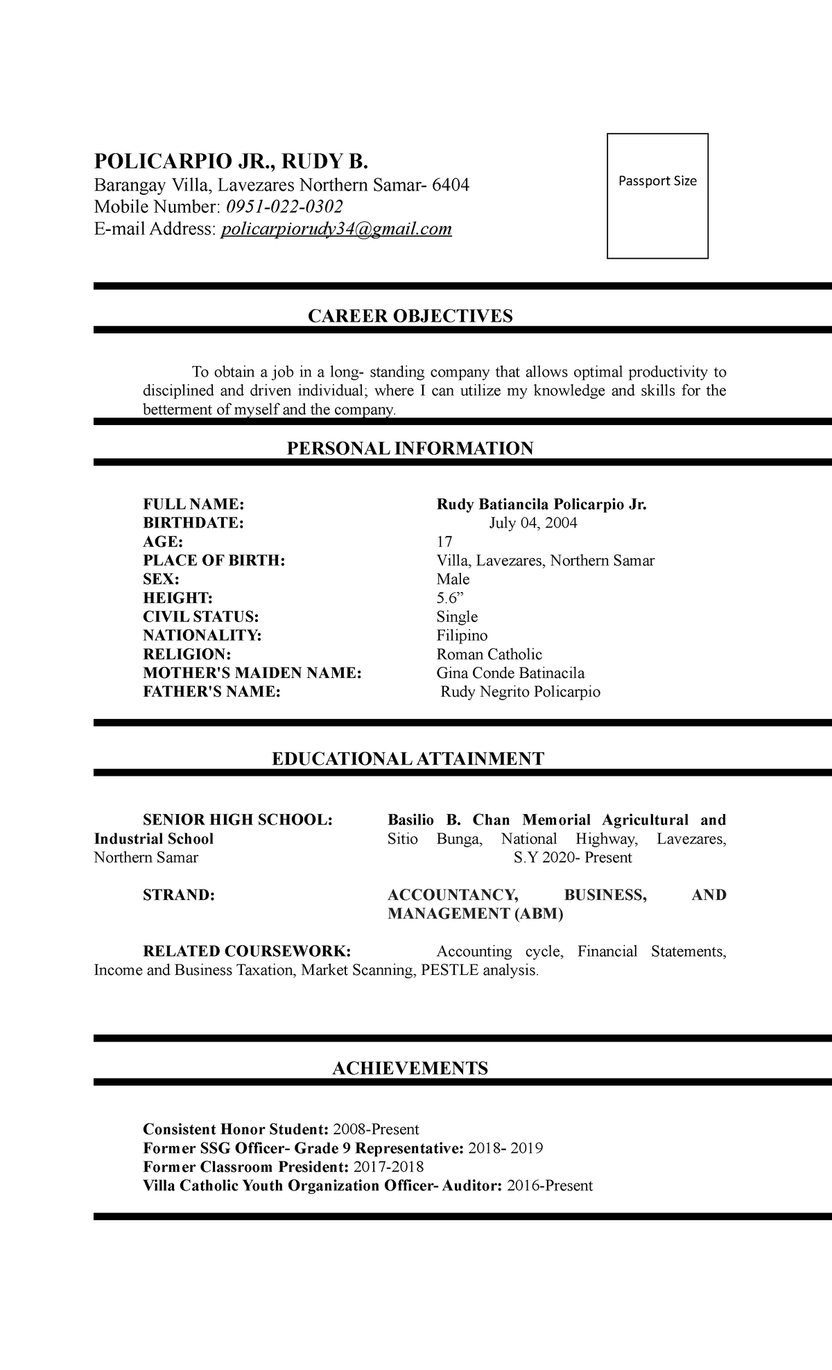 Work Immersion Resume Sample For Ojt Senior High School - Printable ...