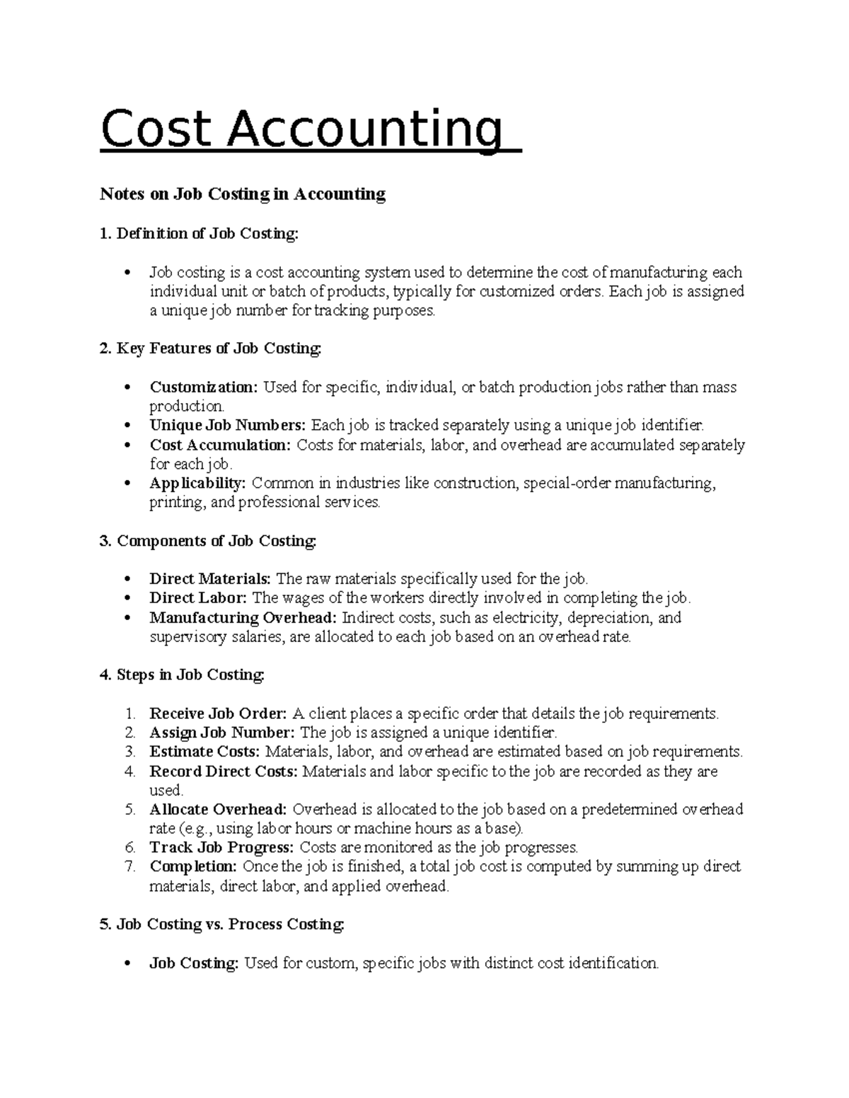Cost Accounting - Cost Accounting Notes on Job Costing in Accounting 1 ...