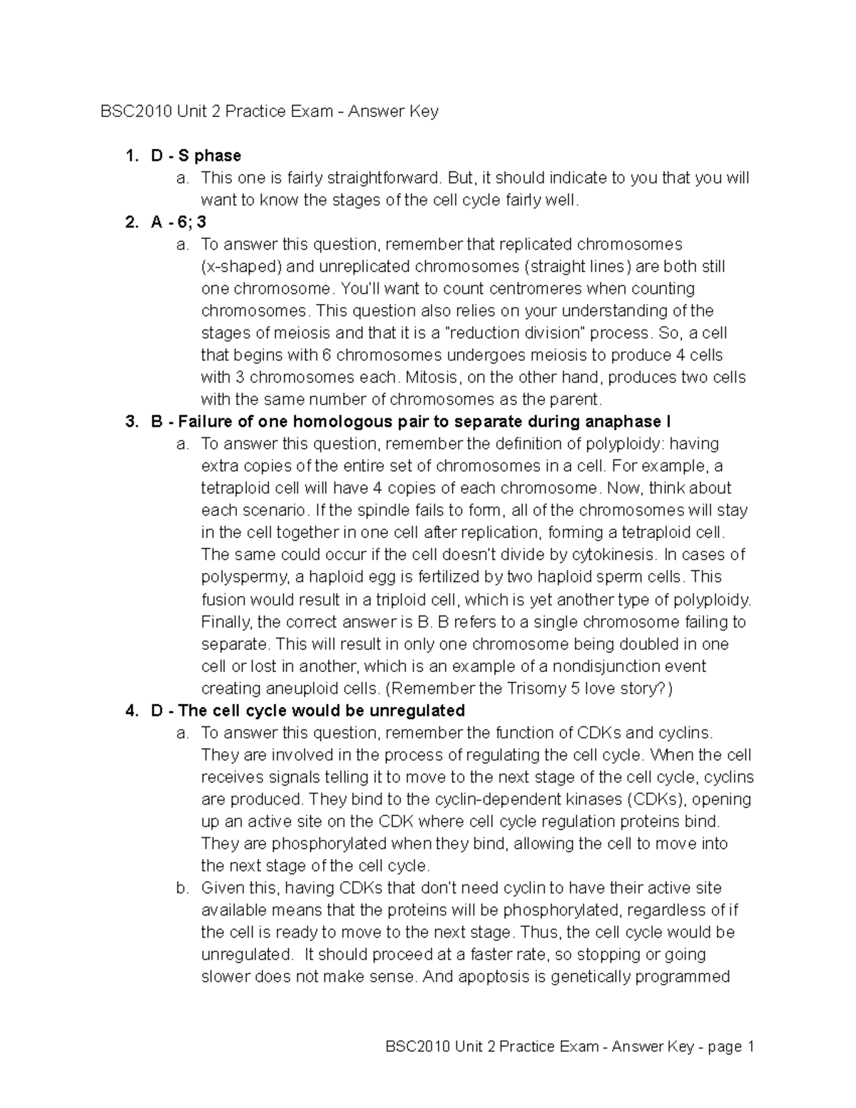 BSC2010 Unit 2 Practice Exam - Answer Key - This One Is Fairly ...