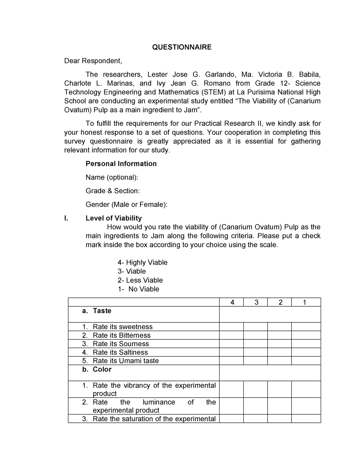 Questionnaire - class notes - QUESTIONNAIRE Dear Respondent, The ...