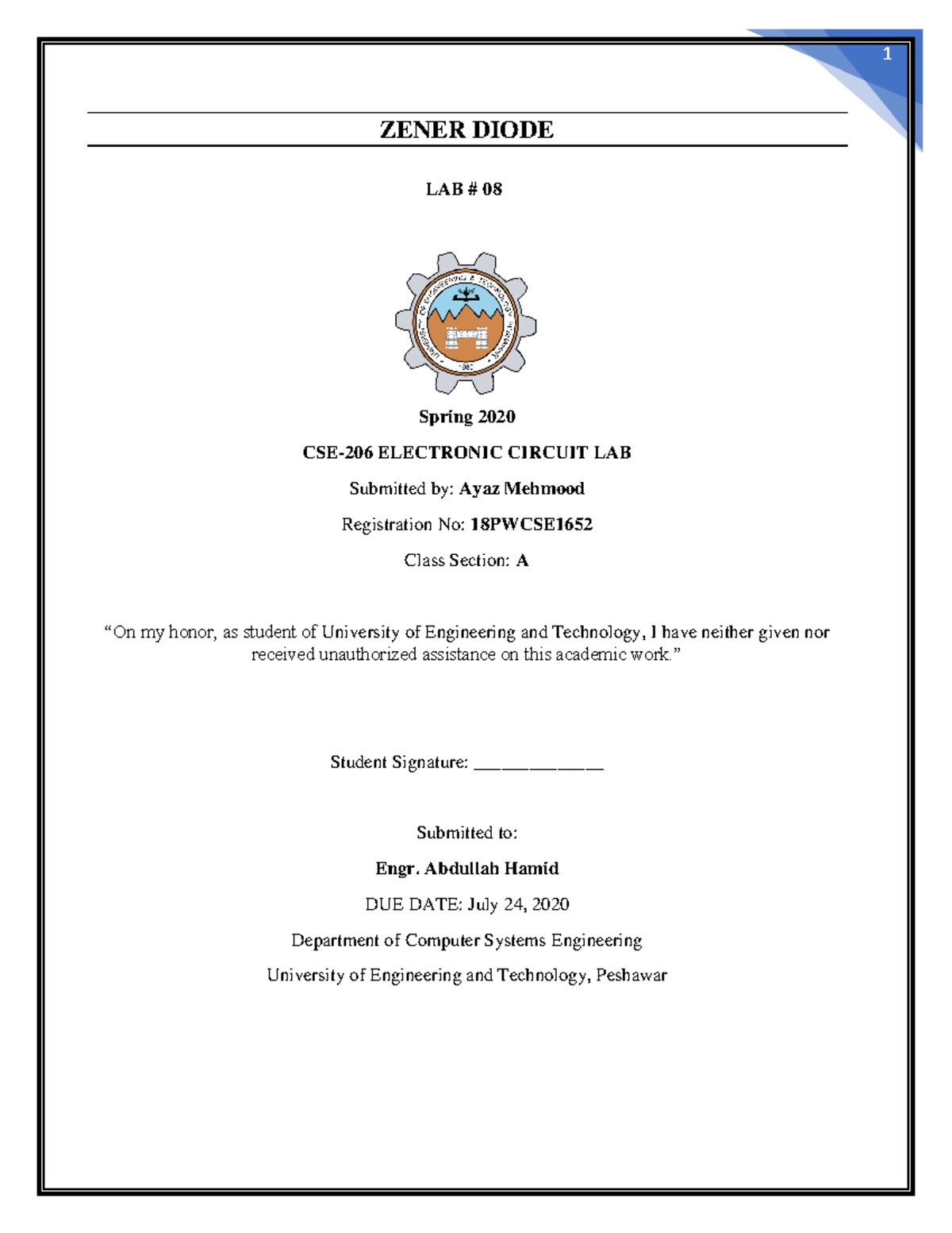 Lab8 Lab report ZENER DIODE LAB 08 Spring 2020 CSE206 ELECTRONIC