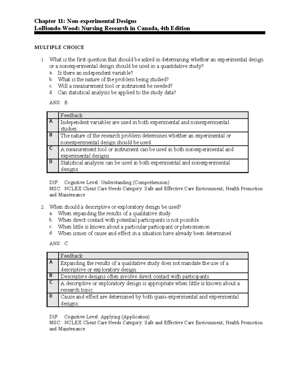 Chapter 11 - Nurs 205 test bank - Chapter 11: Non-experimental Designs ...