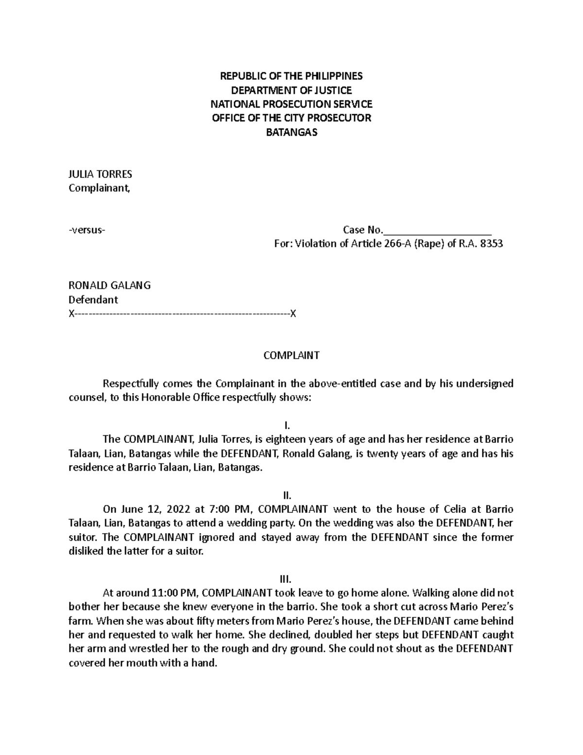 Rape Complaint - Julia Torres - REPUBLIC OF THE PHILIPPINES DEPARTMENT ...