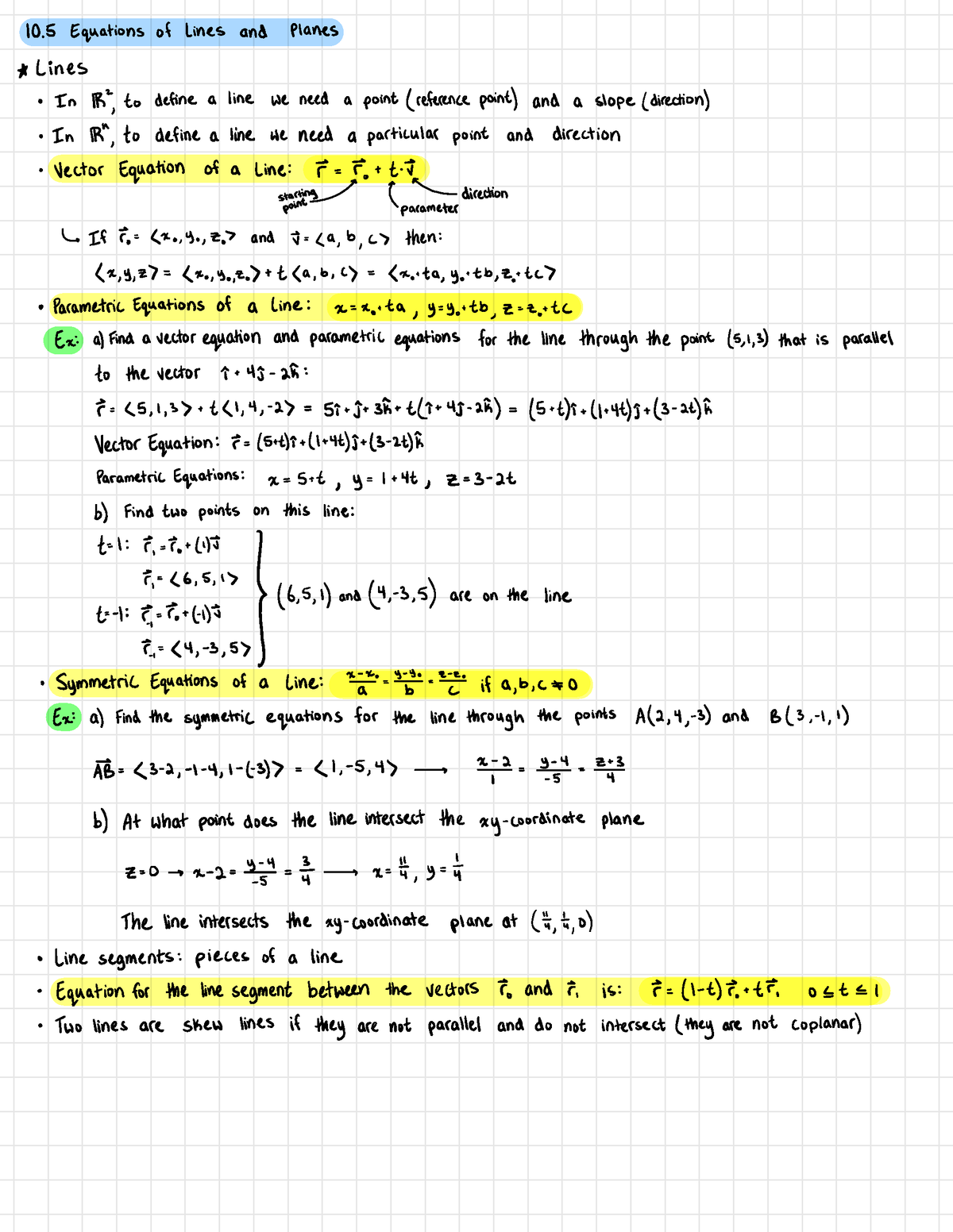 Calculus III Notes - Equations of Lines and Planes - 10 Equations of ...