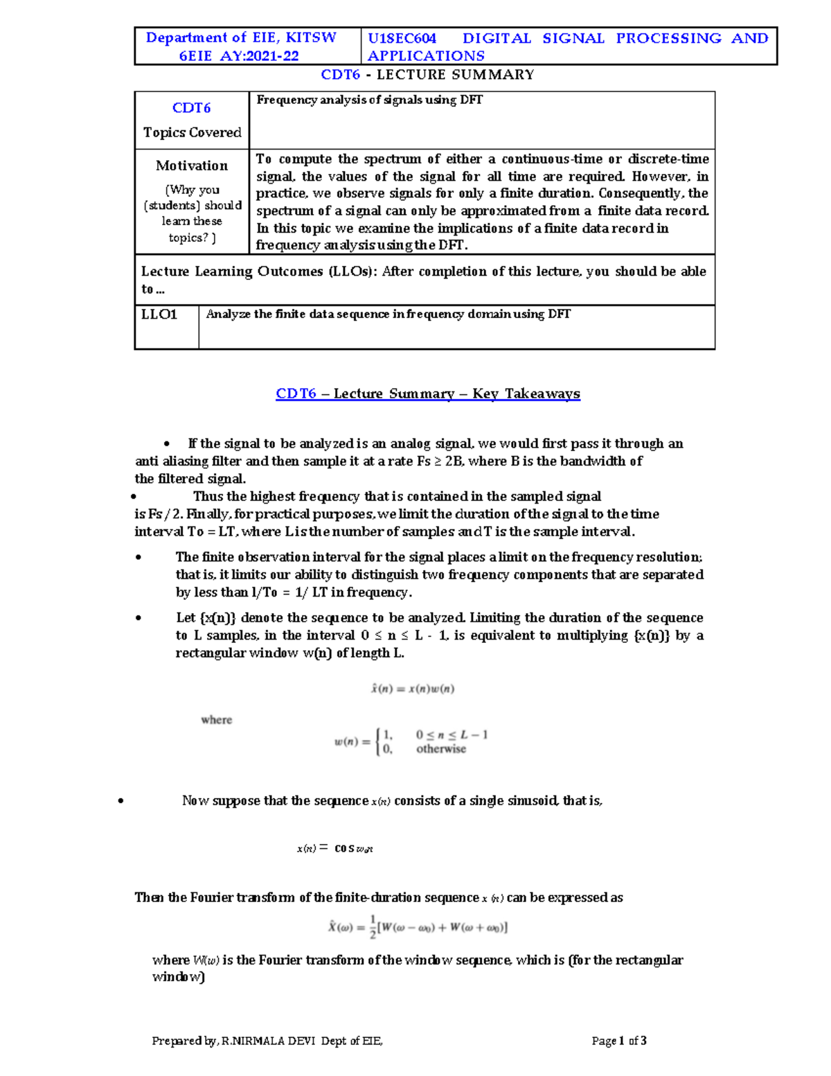 DSPA CDT6 Summary 6EIE RND 2021-22 - Department of EIE, KITSW 6EIE AY ...