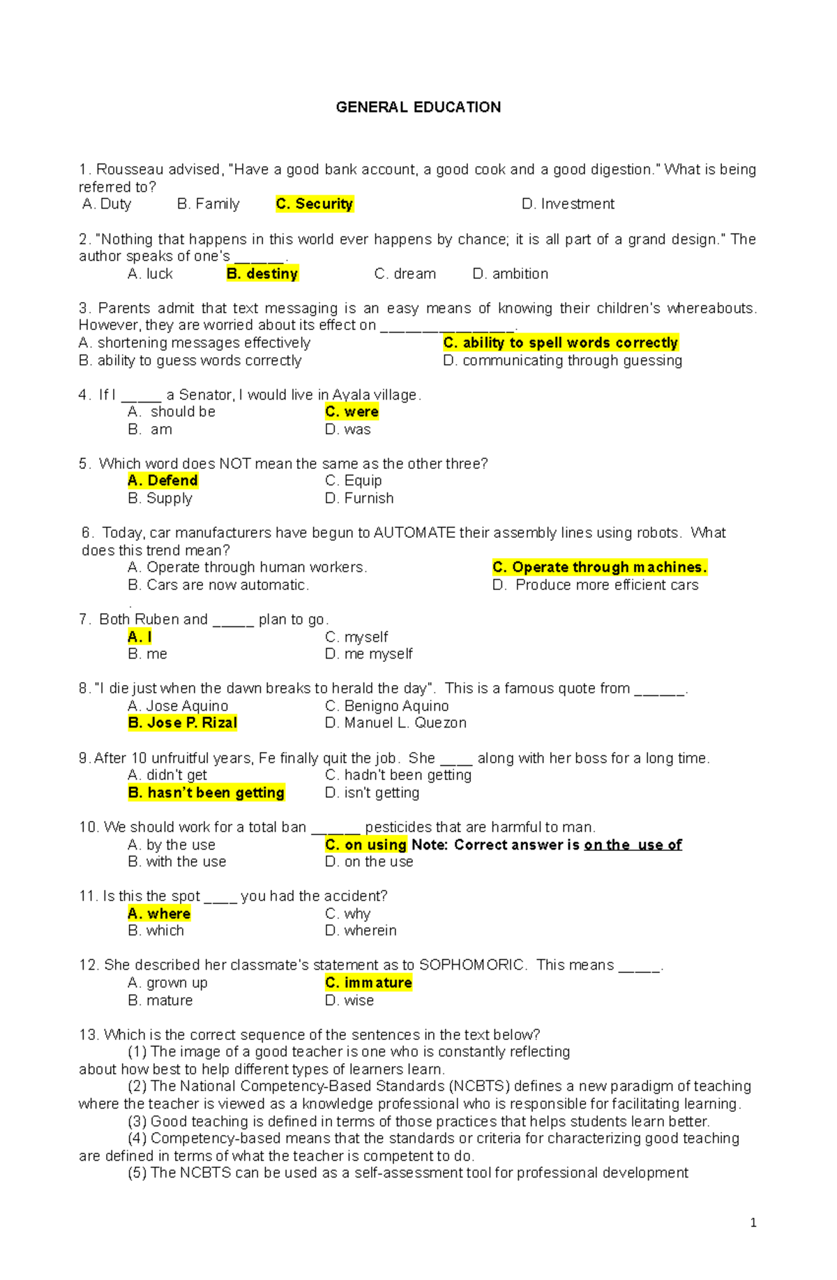 Pre board exams in gen ed answers general education rousseau advised