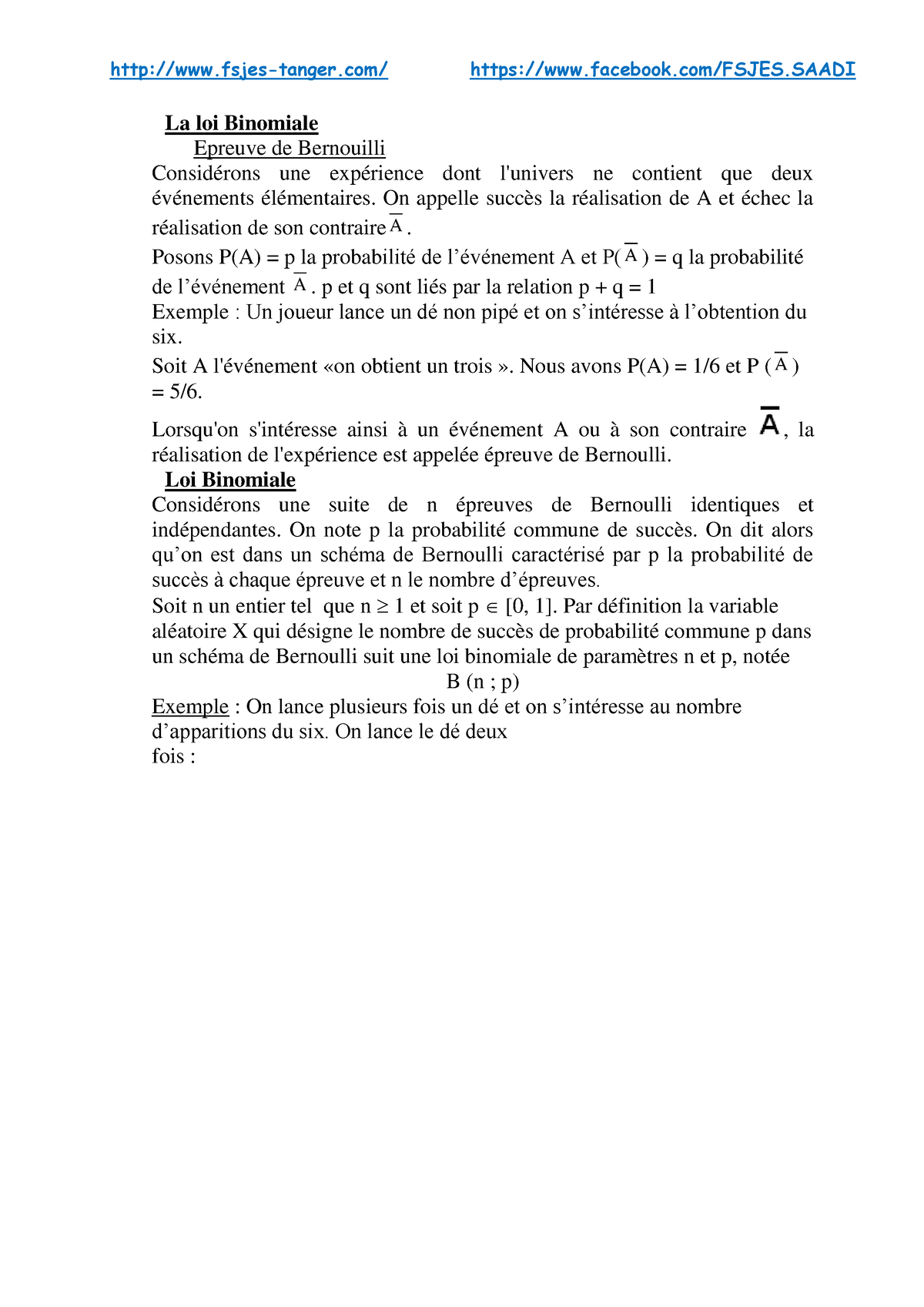 La Loi Binomiale - La Loi Binomiale Epreuve De Bernouilli Considérons ...