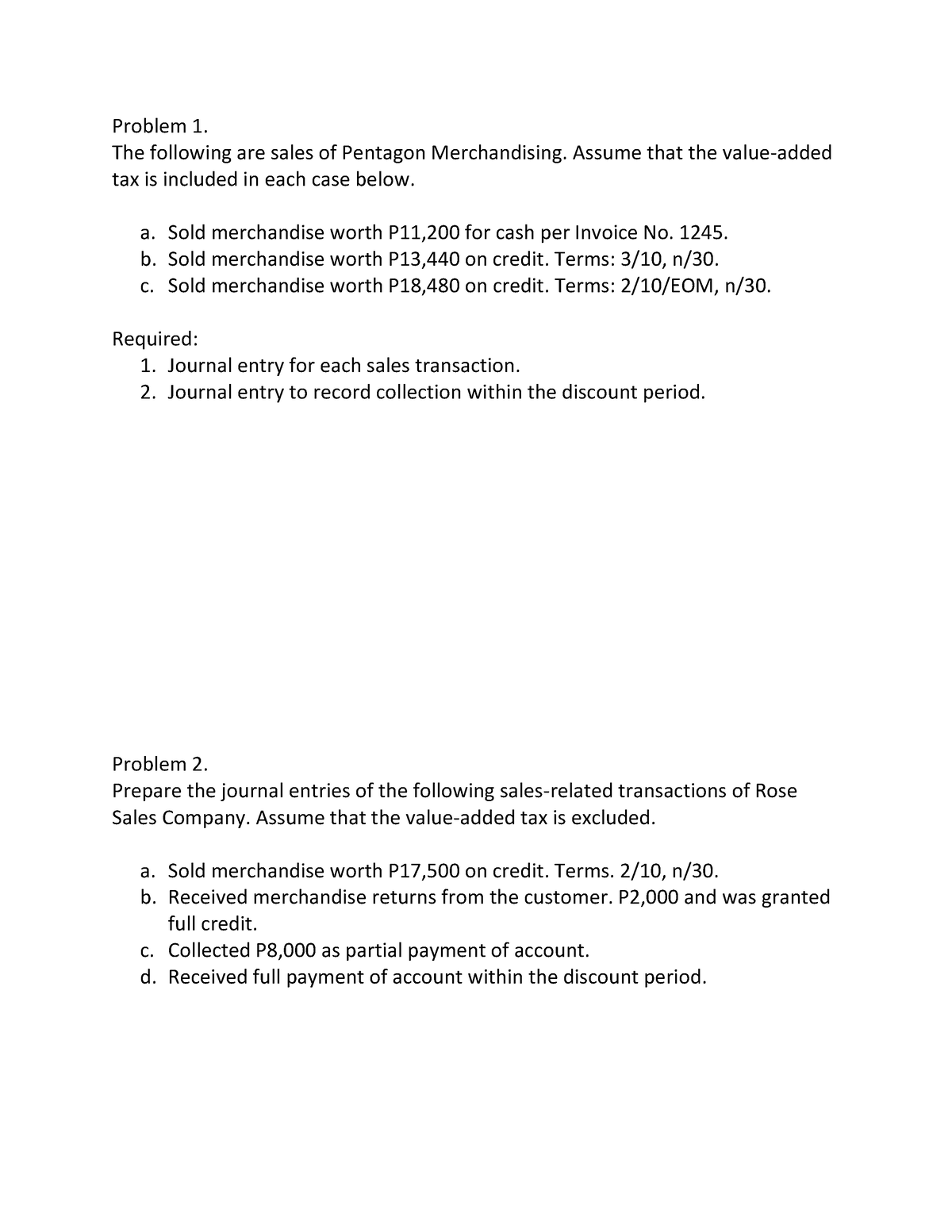 Foa- Practice Problems - Mdsg - Sales Transactions - Problem 1. The 