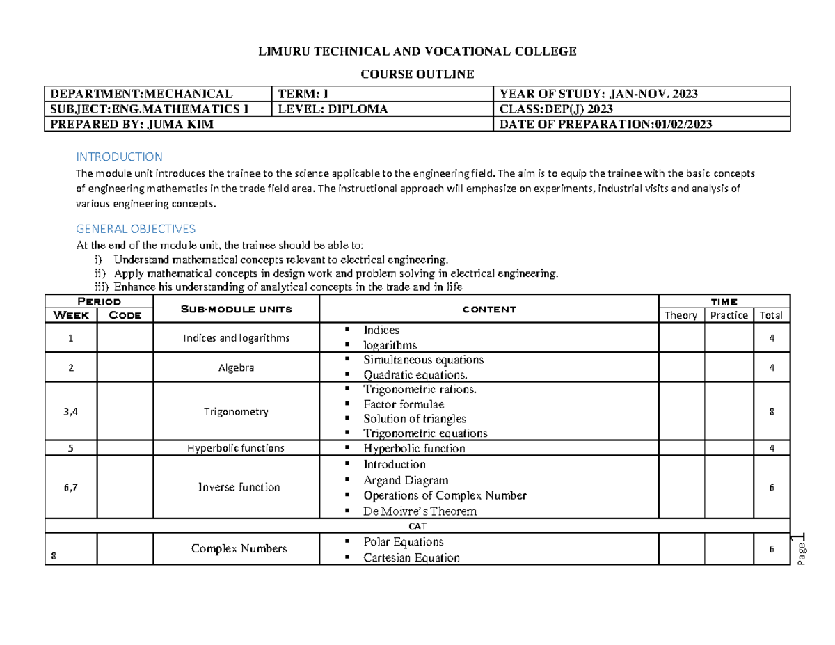 Course Outline ENG. Mathematics DEP(J) 2023 - Page 1 LIMURU TECHNICAL ...