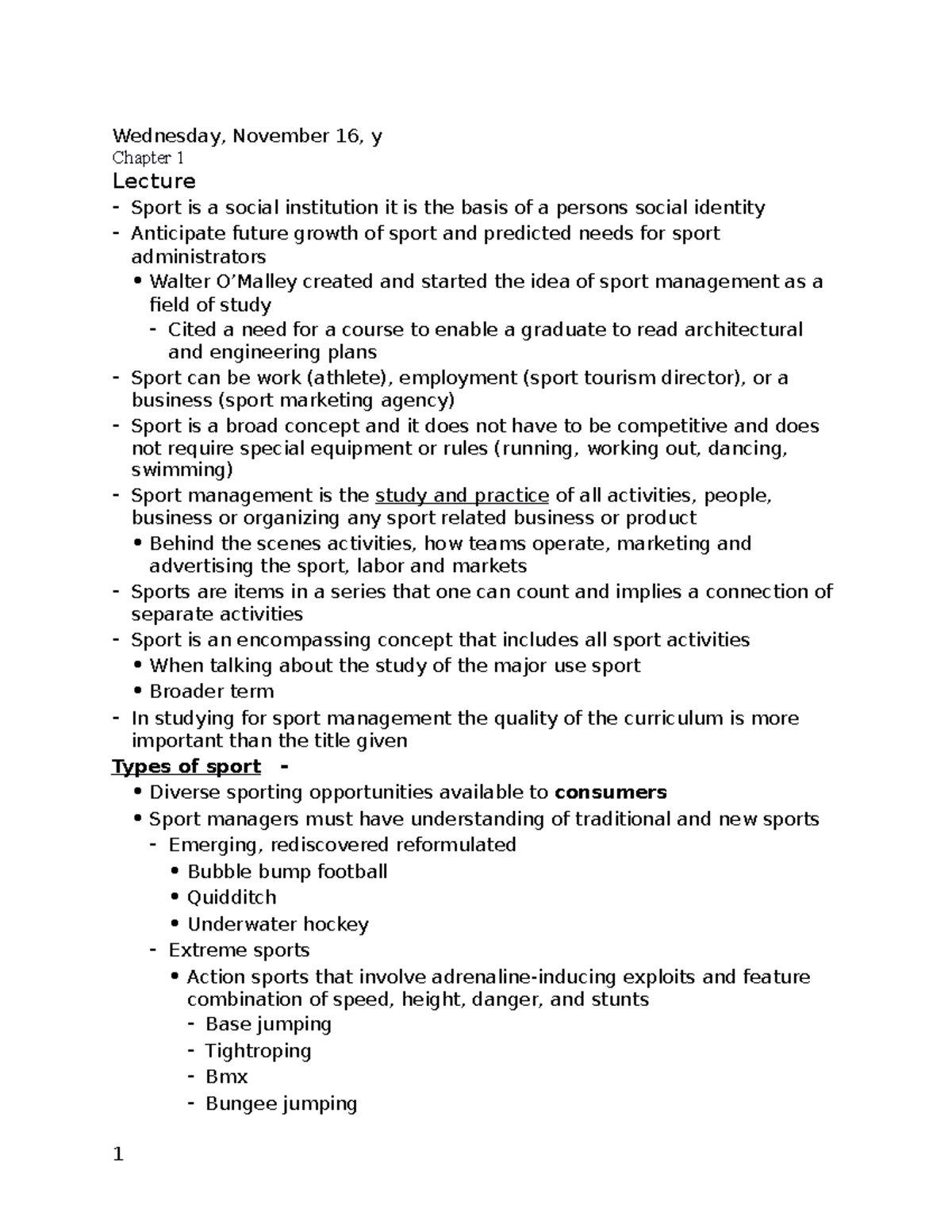 Sport Management Chapter 1 Wednesday, November 16, y Chapter 1