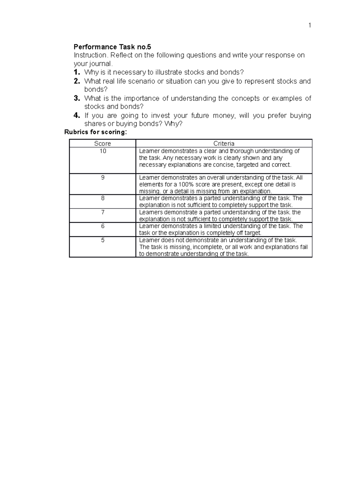 Performance Task in Gen Math - Performance Task no. Instruction ...
