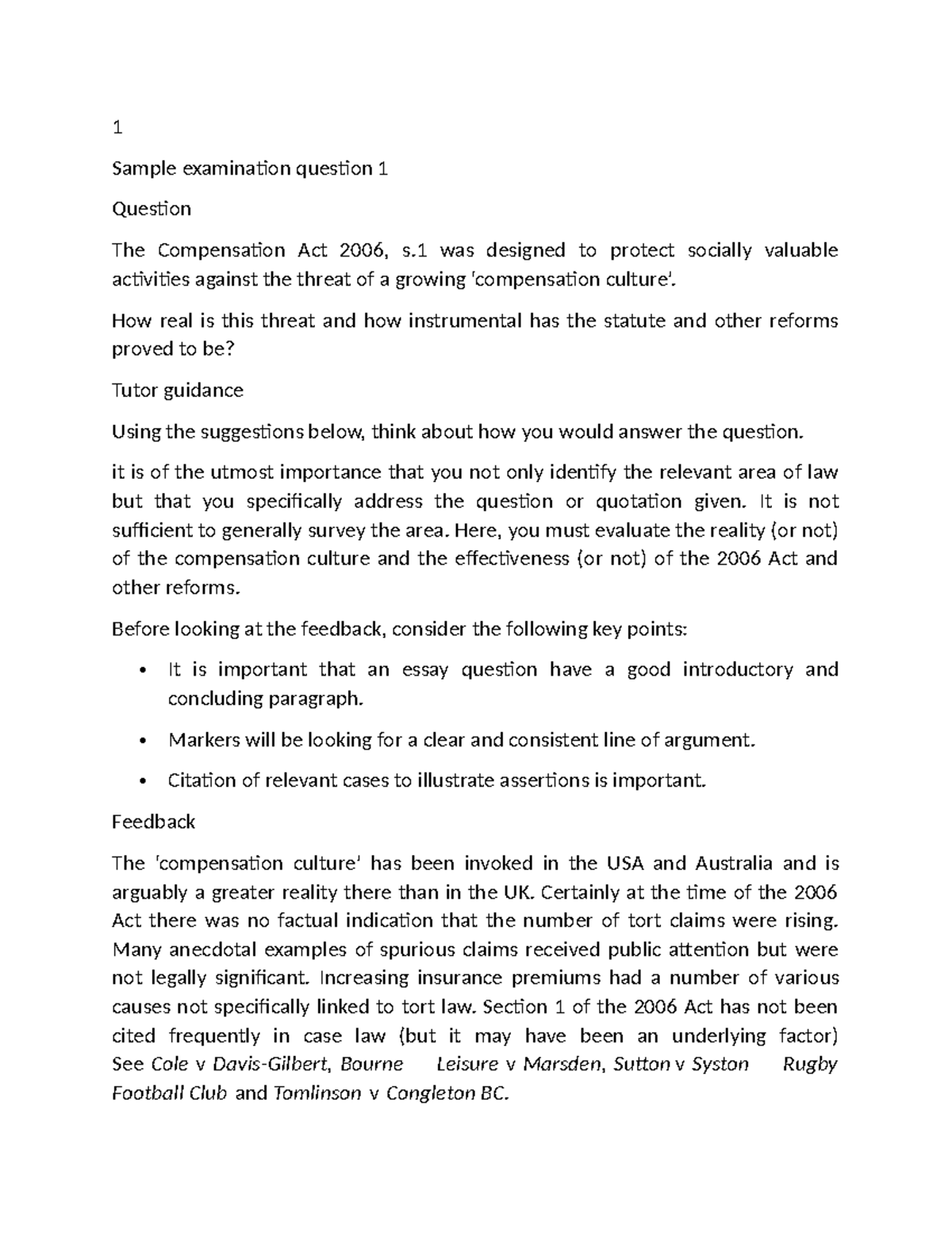 UOL Summary QPS and feedback 1 Sample examination question 1 Question