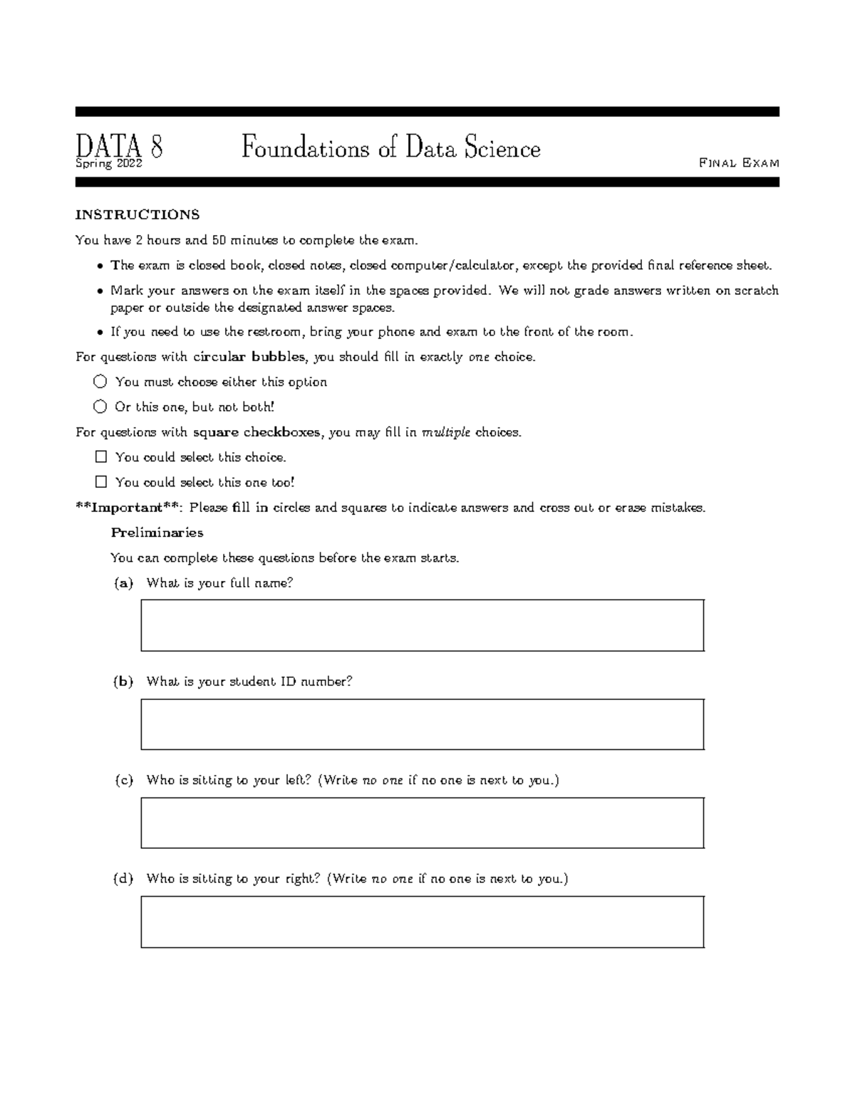 Spring 22 Final Exam - DATA 8 Foundations of Data Science Spring 2022 ...