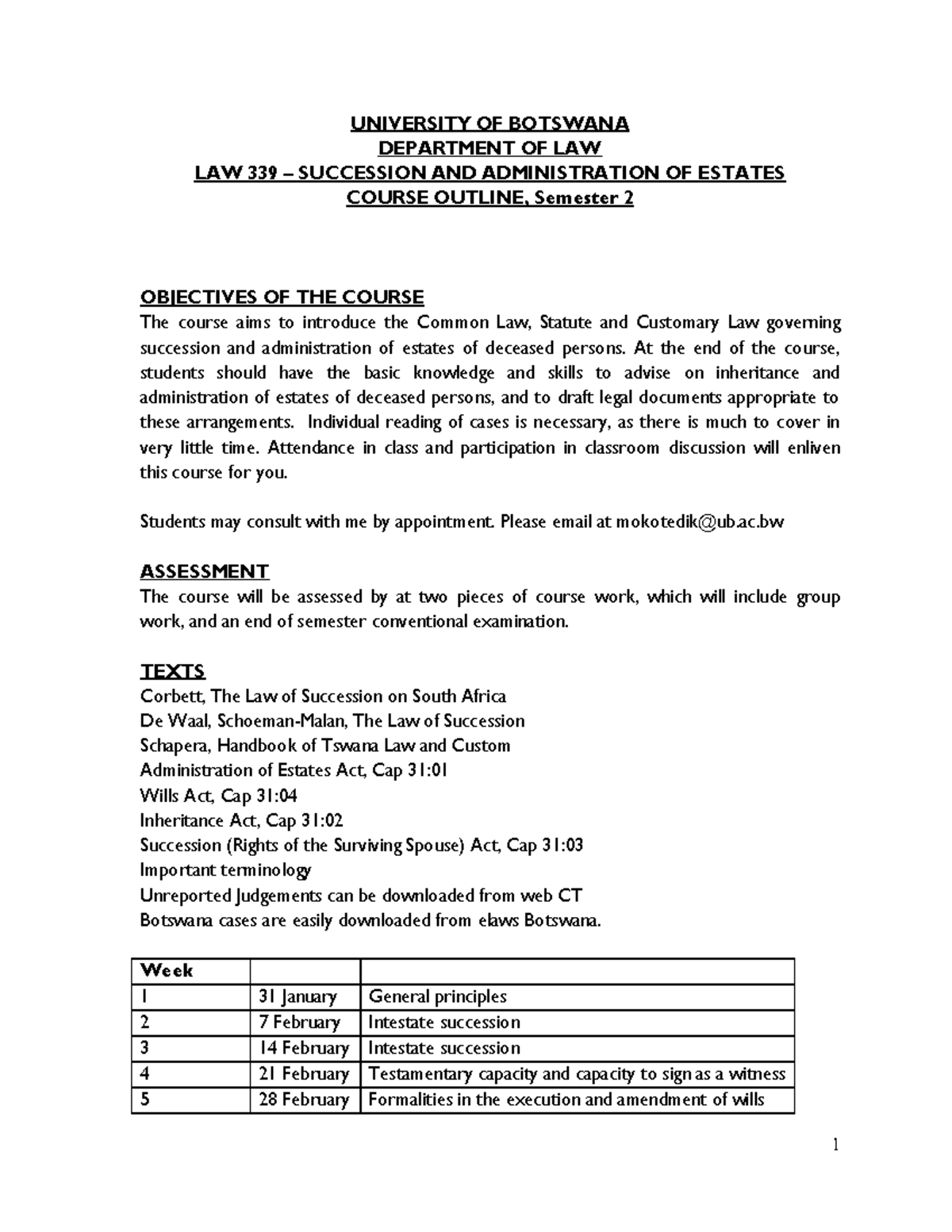 339 outline 2023 - law of succession - UNIVERSITY OF BOTSWANA ...