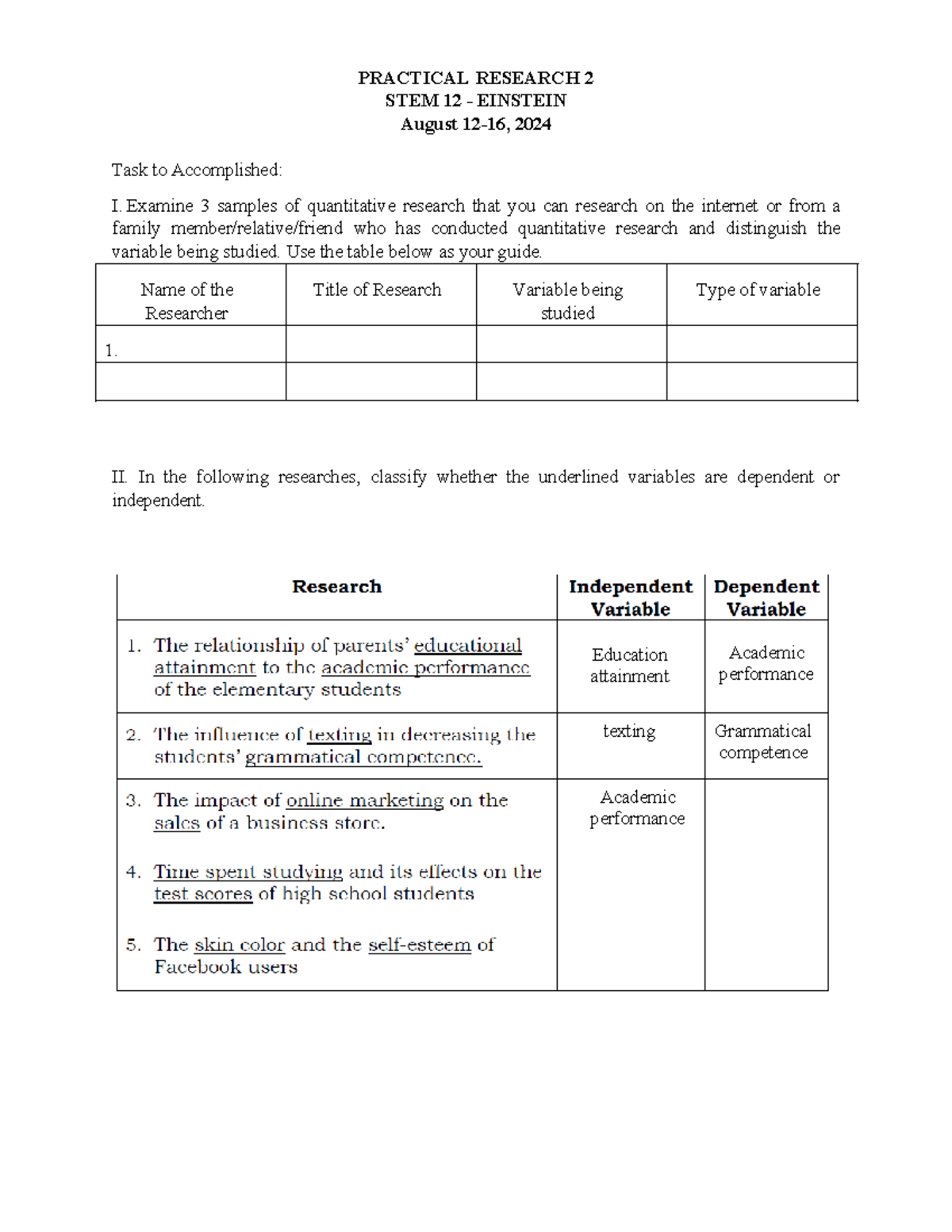 Practical Research 2 Task to Accomplished while on seminar - PRACTICAL ...