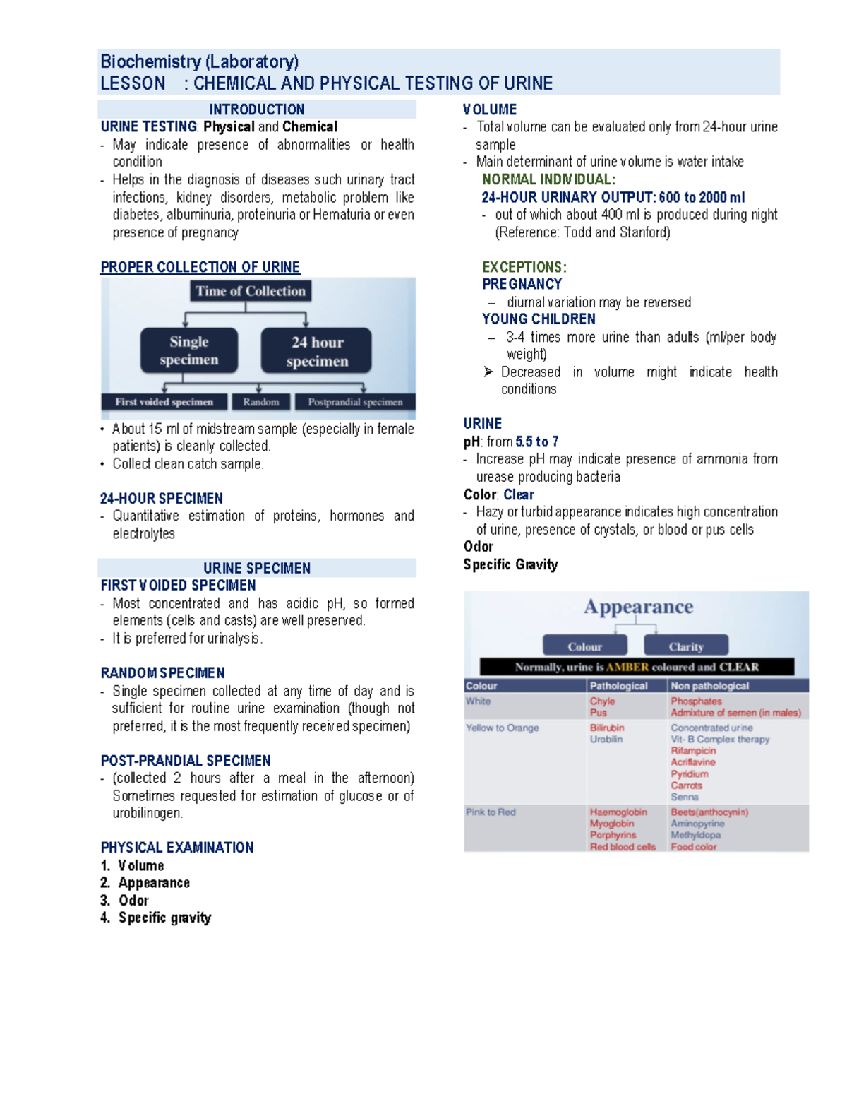 Urine - Biochemistry (Laboratory) LESSON : CHEMICAL AND PHYSICAL ...