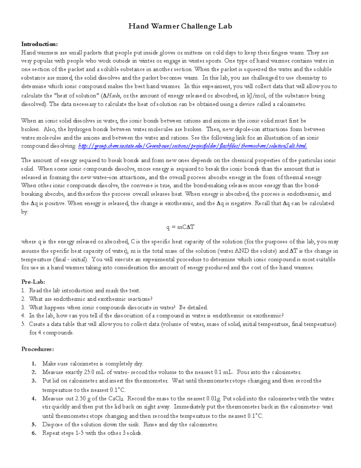 Hand Warmer Challenge Random Chem information. Hand Warmer