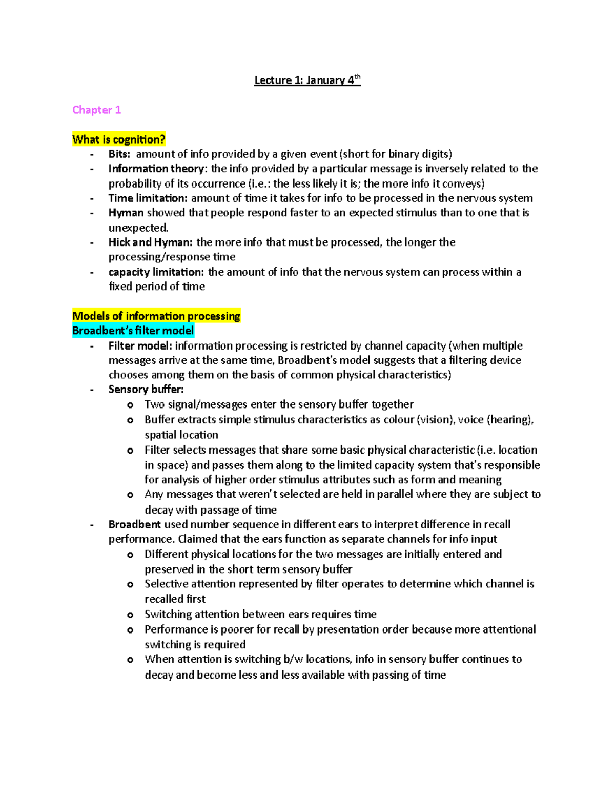 Midterm 1 notes - Lecture 1: January 4th Chapter 1 What is cognition ...