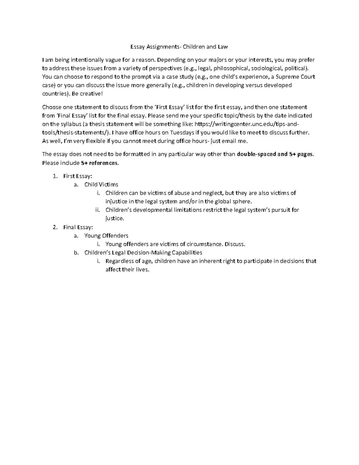 LAW 250 Essay Assignment - Essay Assignments- Children and Law I am ...