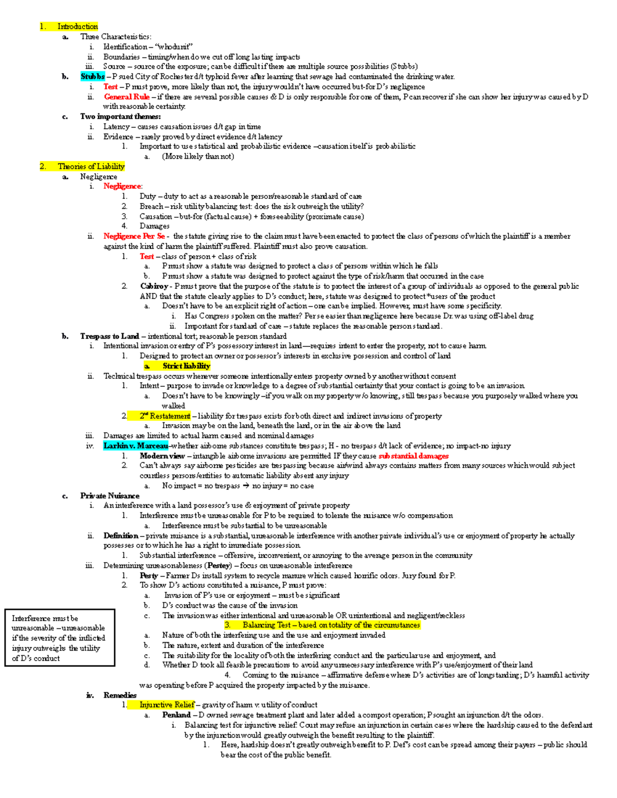 Toxic Torts Attack Outline - Introduction a. Three Characteristics: i ...