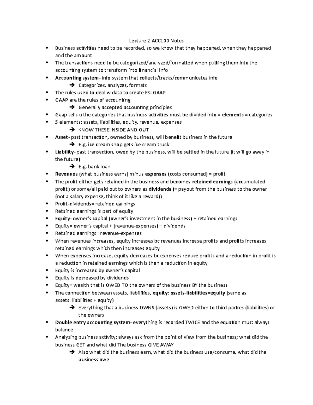 Lecture 2 Acc100 Notes Chapter 2 The Accounting Equation And