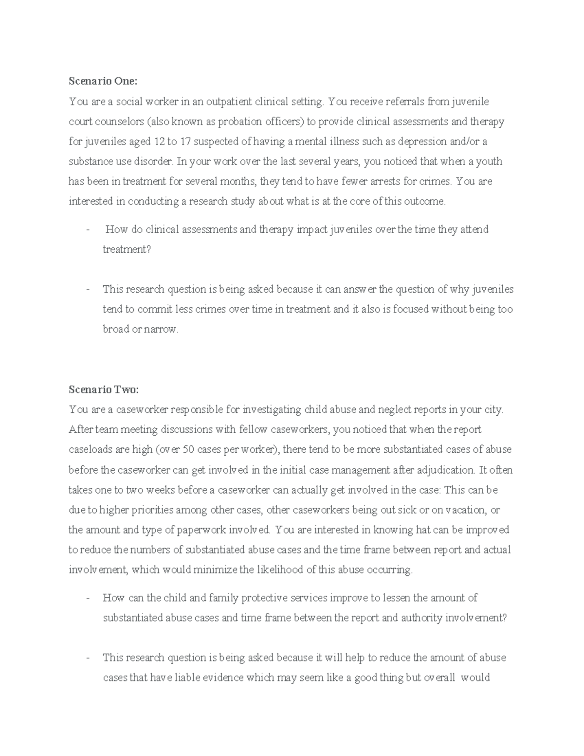 Assignment One - Scenario One: You are a social worker in an outpatient ...