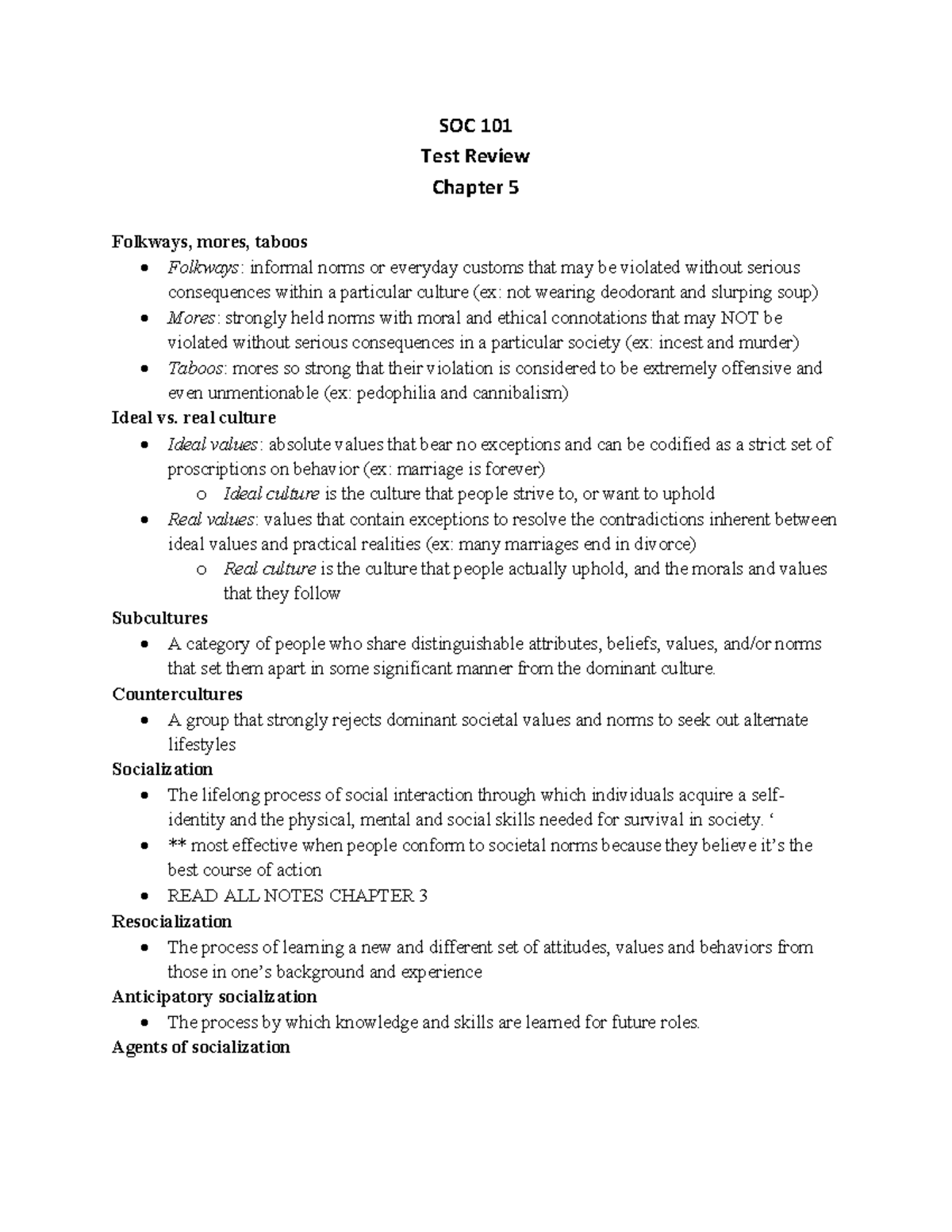 SOC 101 Test Review Ch 5 - Introduction To Sociology - SOC 101 Test ...