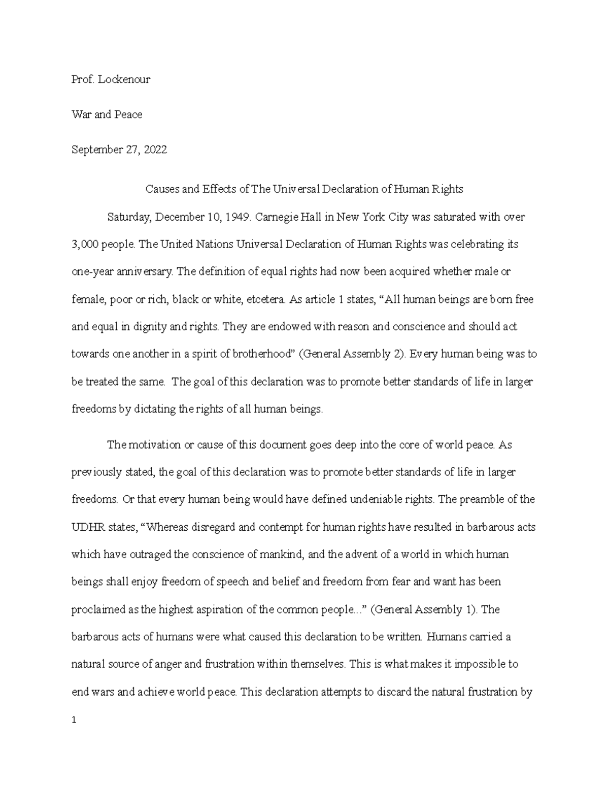 Response Paper 1 Universal Declaration of Human Rights - Prof ...