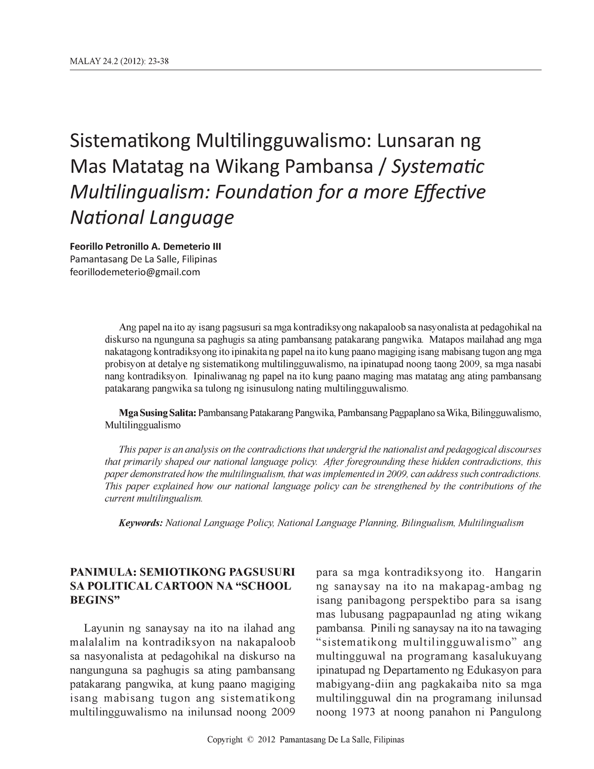 Sistematikong Multilingguwalismo Lunsara Malay 24 2 2012 23 Copyright C 2012 Pamantasang De La Studocu