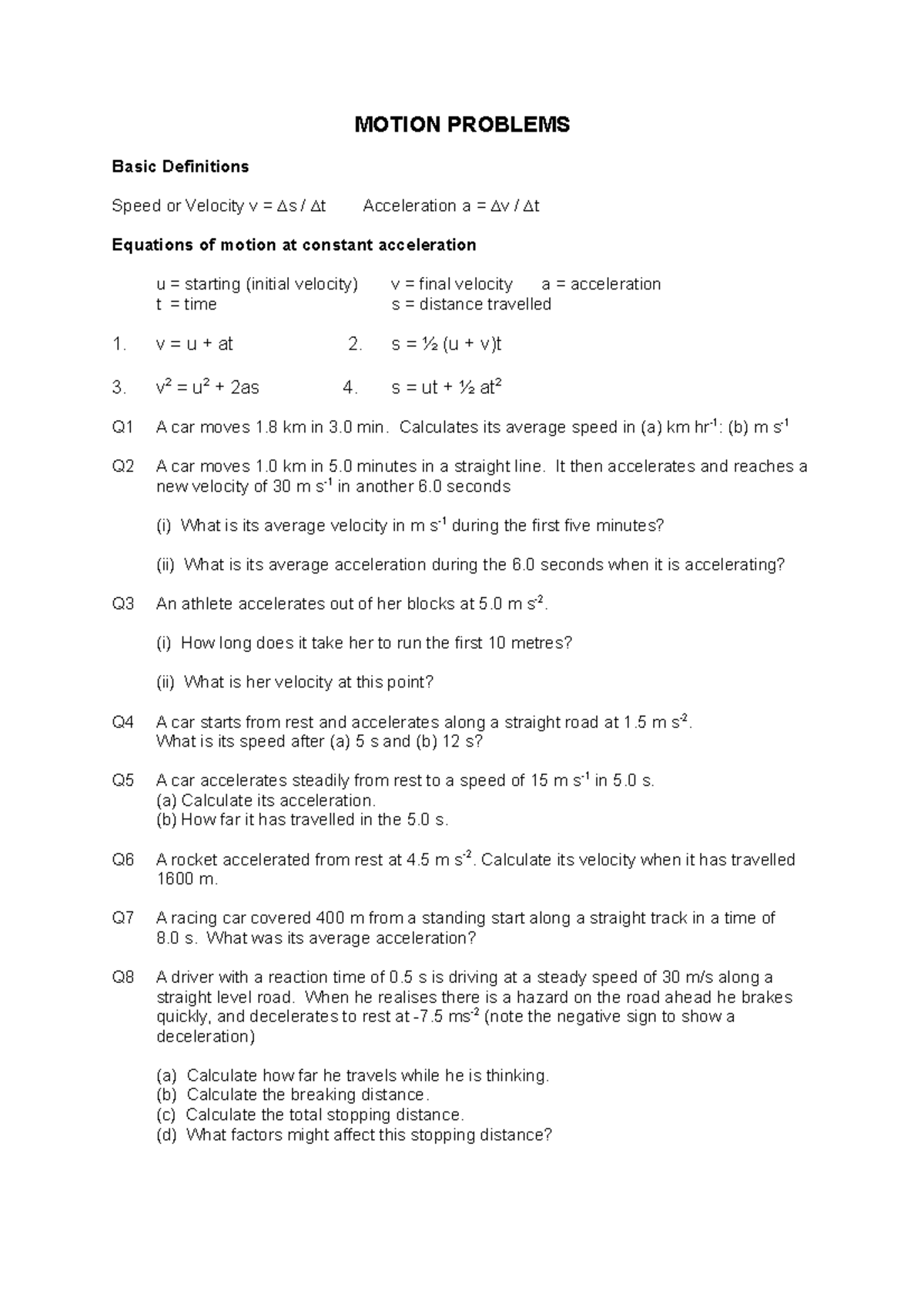 Unit 8 Motion Questions and Answers MOTION PROBLEMS Basic