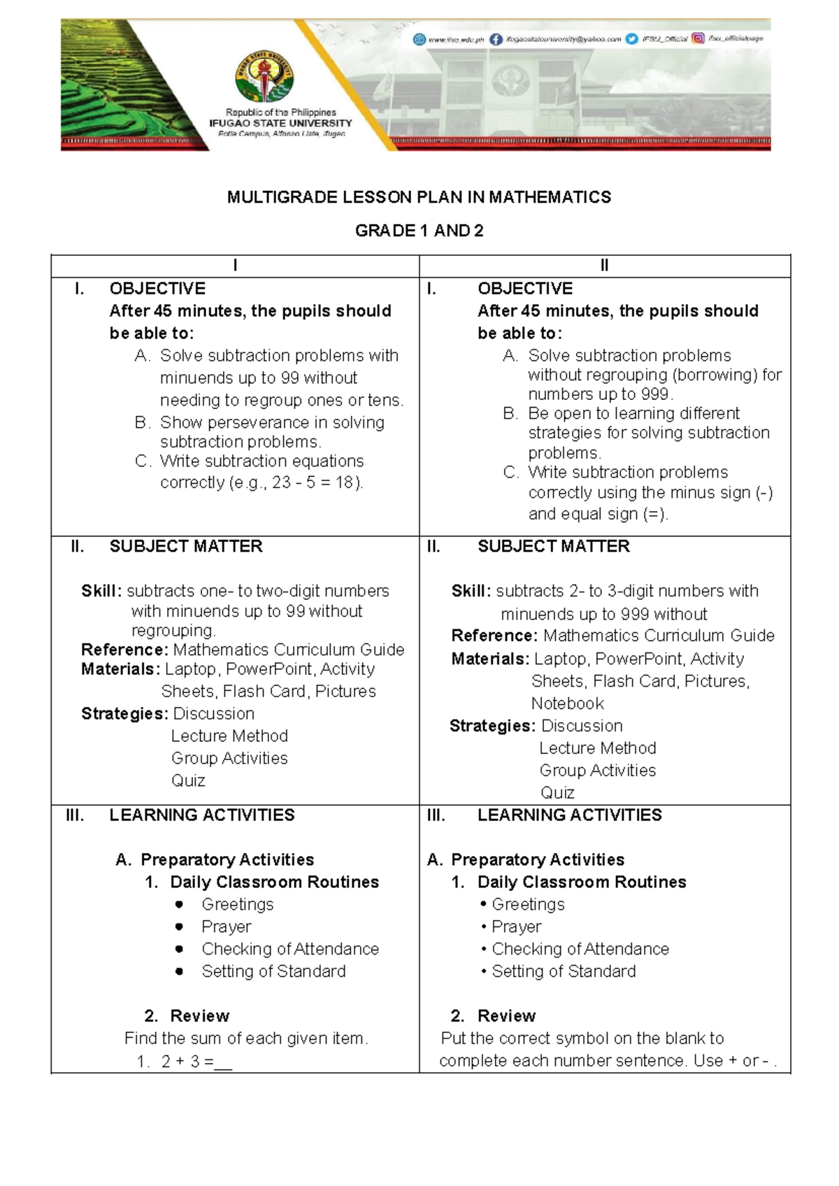 A4 Portrait Format for LP - MULTIGRADE LESSON PLAN IN MATHEMATICS GRADE ...
