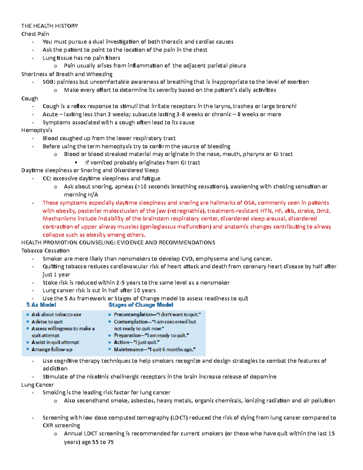 Thorax and Lungs - notes - THE HEALTH HISTORY Chest Pain - You must ...