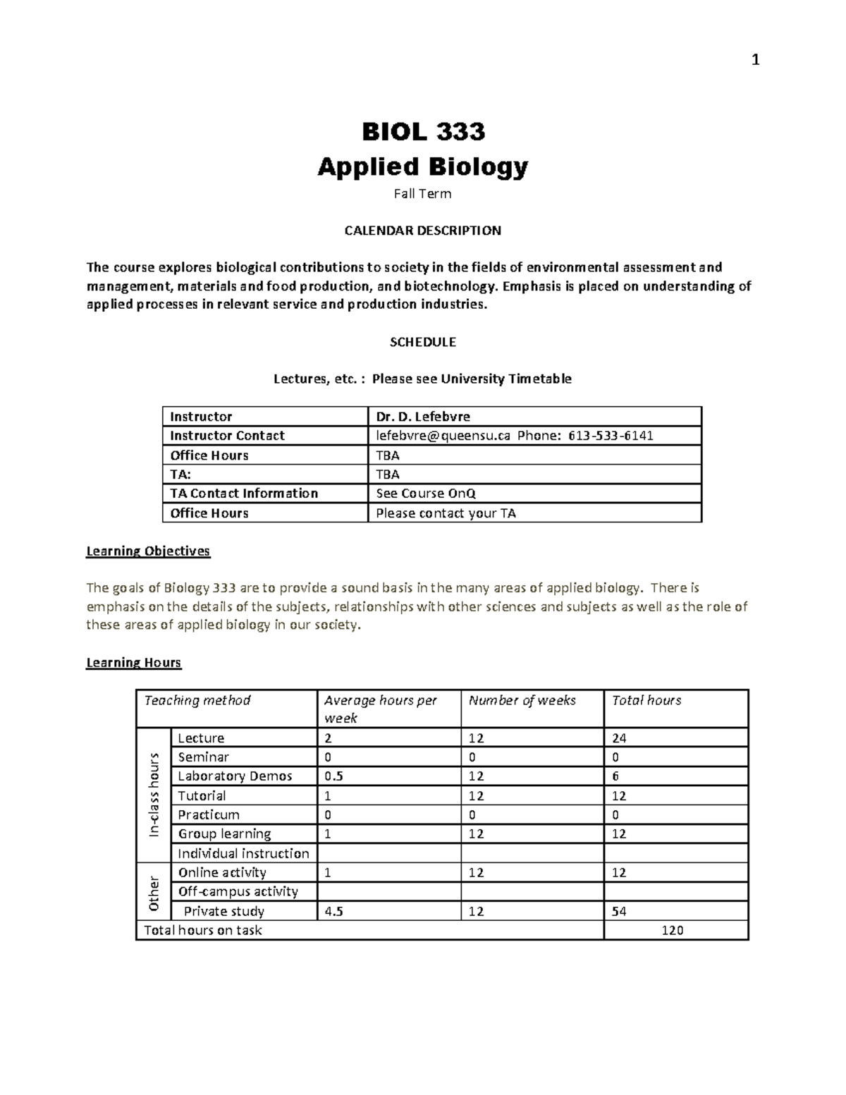 BIOL 333syllabus 2019 F - BIOL 333 Applied Biology Fall Term CALENDAR ...