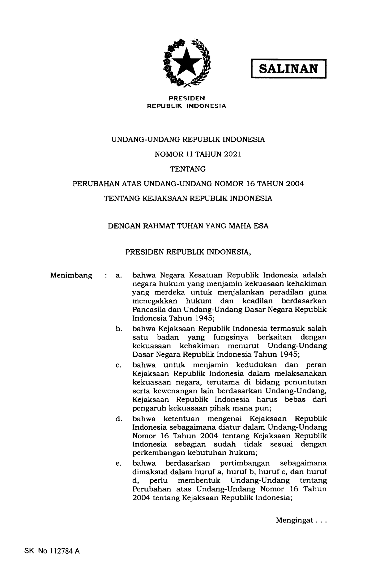 UU Nomor 11 Tahun 2021 - SALINAN PRESIDEN REPUBLIK INDONESIA UNDANG ...