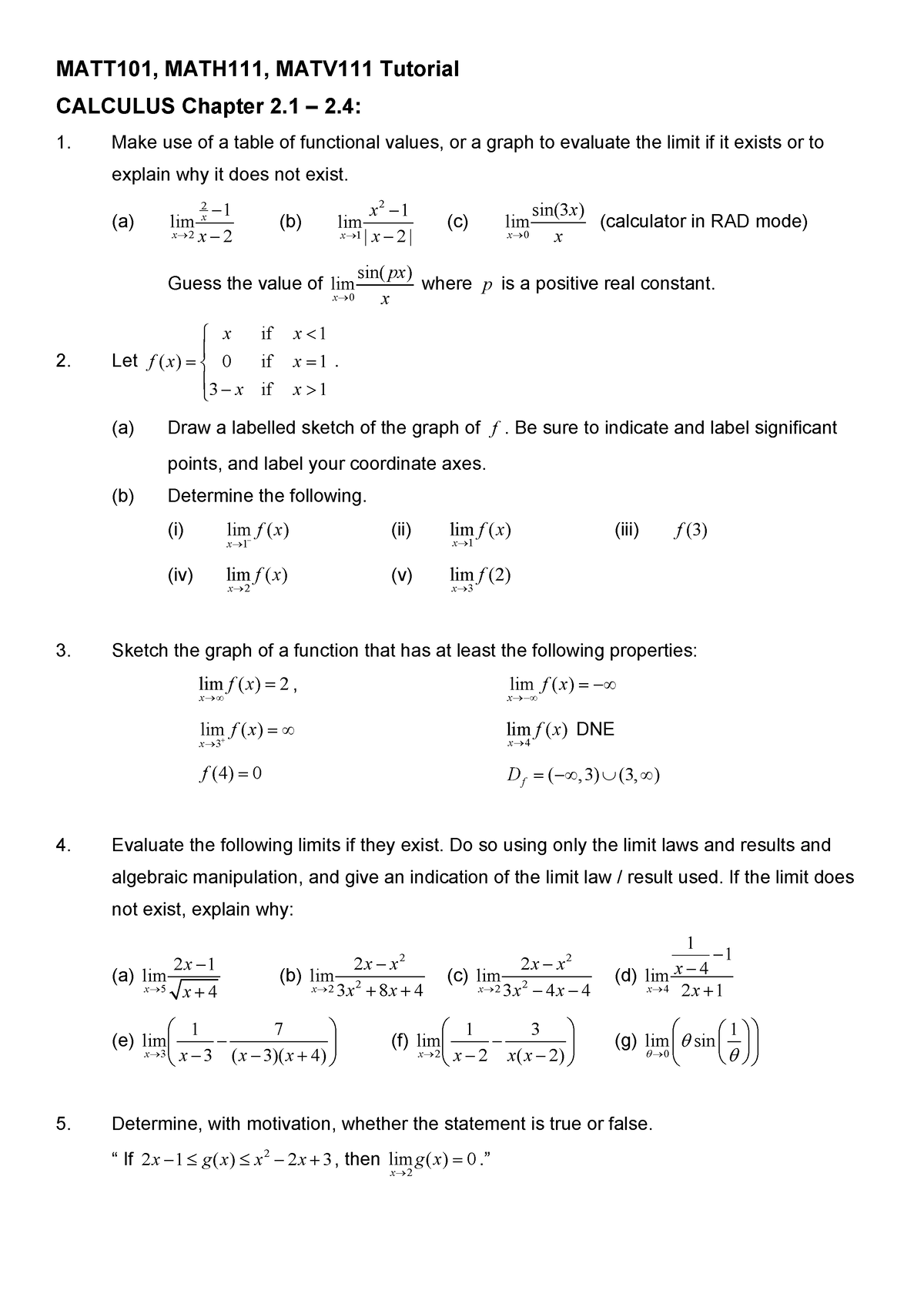 MATH1 Tutorial Calculus Ch 2.1 - 2.4 - MATT101, MATH111, MATV111 ...