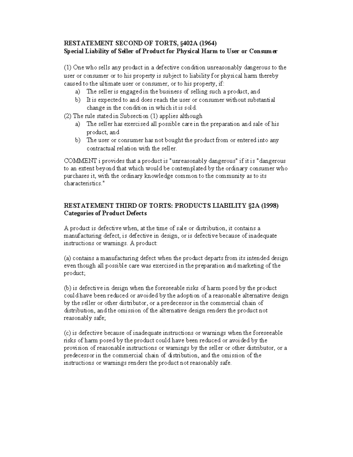 RS2 vs RS3 Text - n/a - RESTATEMENT SECOND OF TORTS, §402A (1964 ...