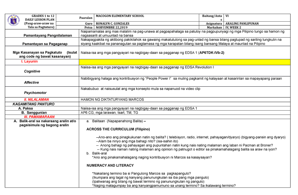 COT DLP AP6 Q4-Ronalyn Gonzalez - GRADES 1 To 12 DAILY LESSON PLAN ...