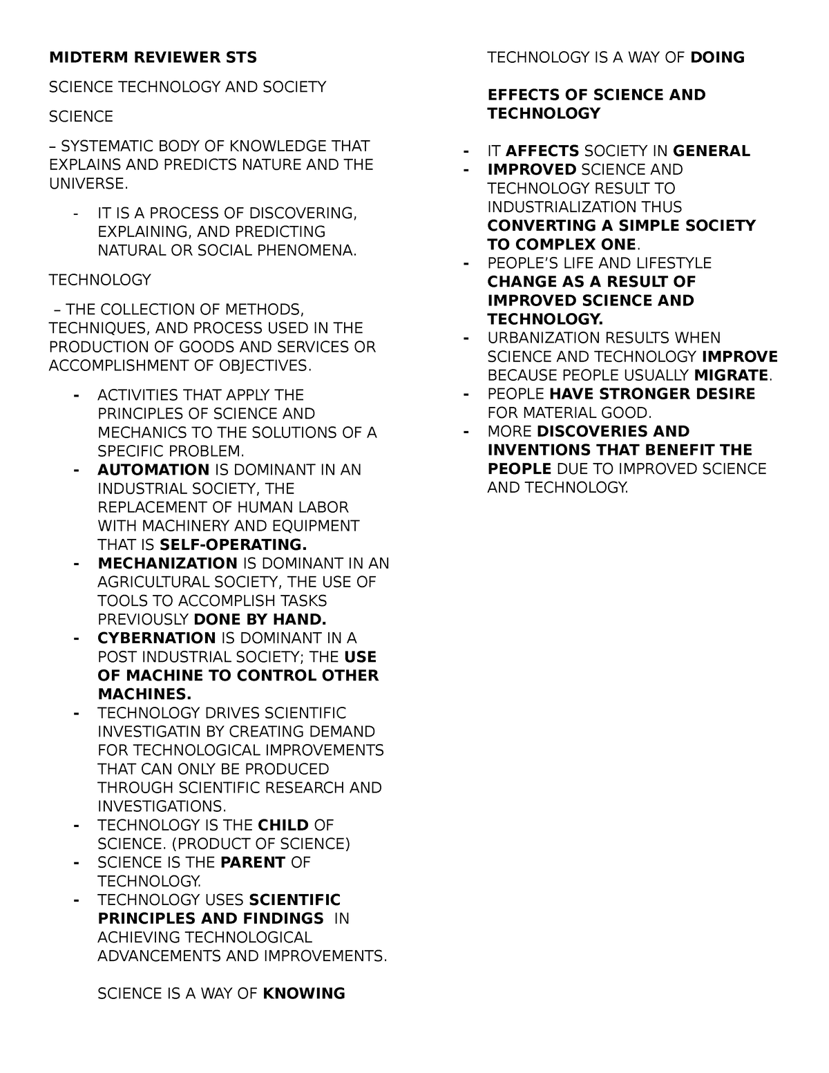 Midterm Reviewer STS - MIDTERM REVIEWER STS SCIENCE TECHNOLOGY AND ...