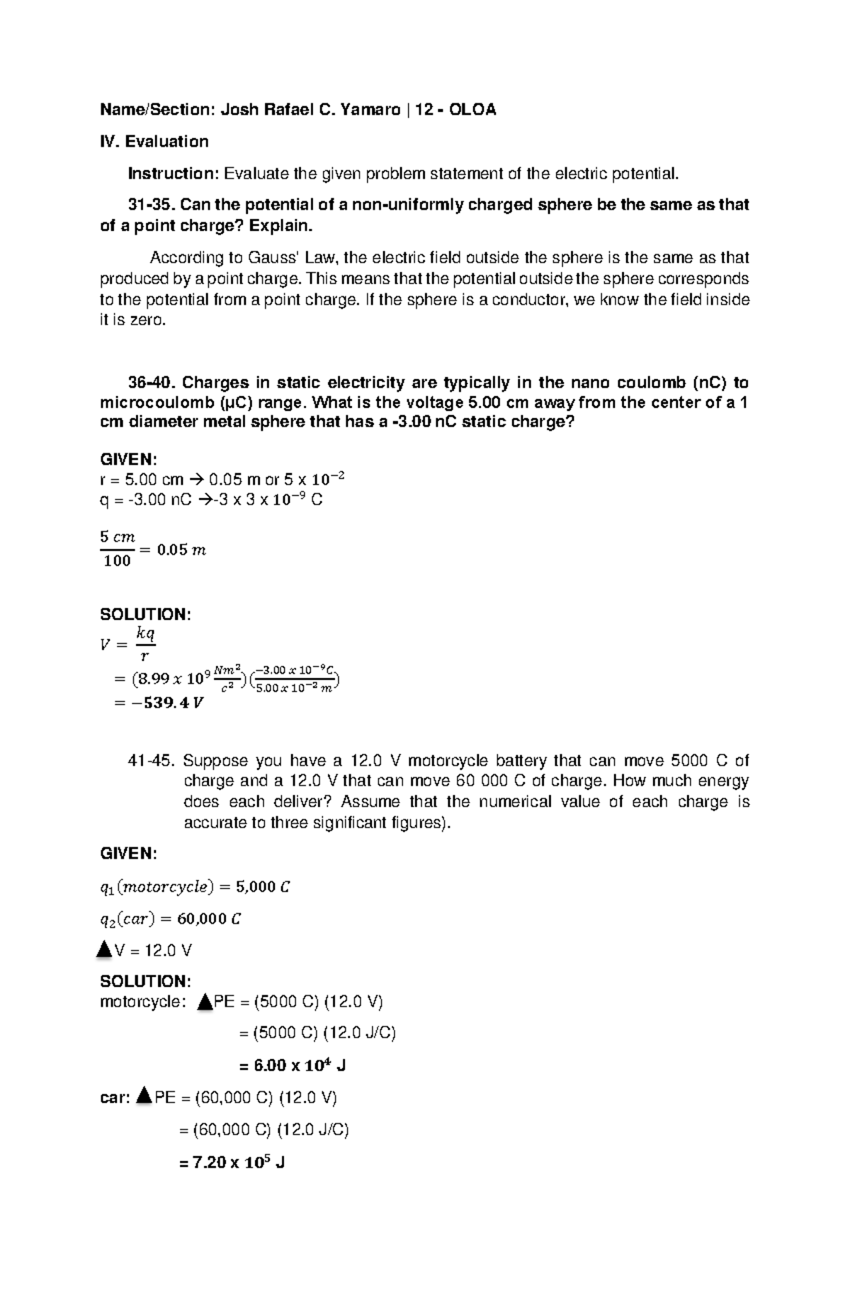 IV. Evaluation ( Problem Solving- Physics 2 - Name/Section: Josh Rafael ...