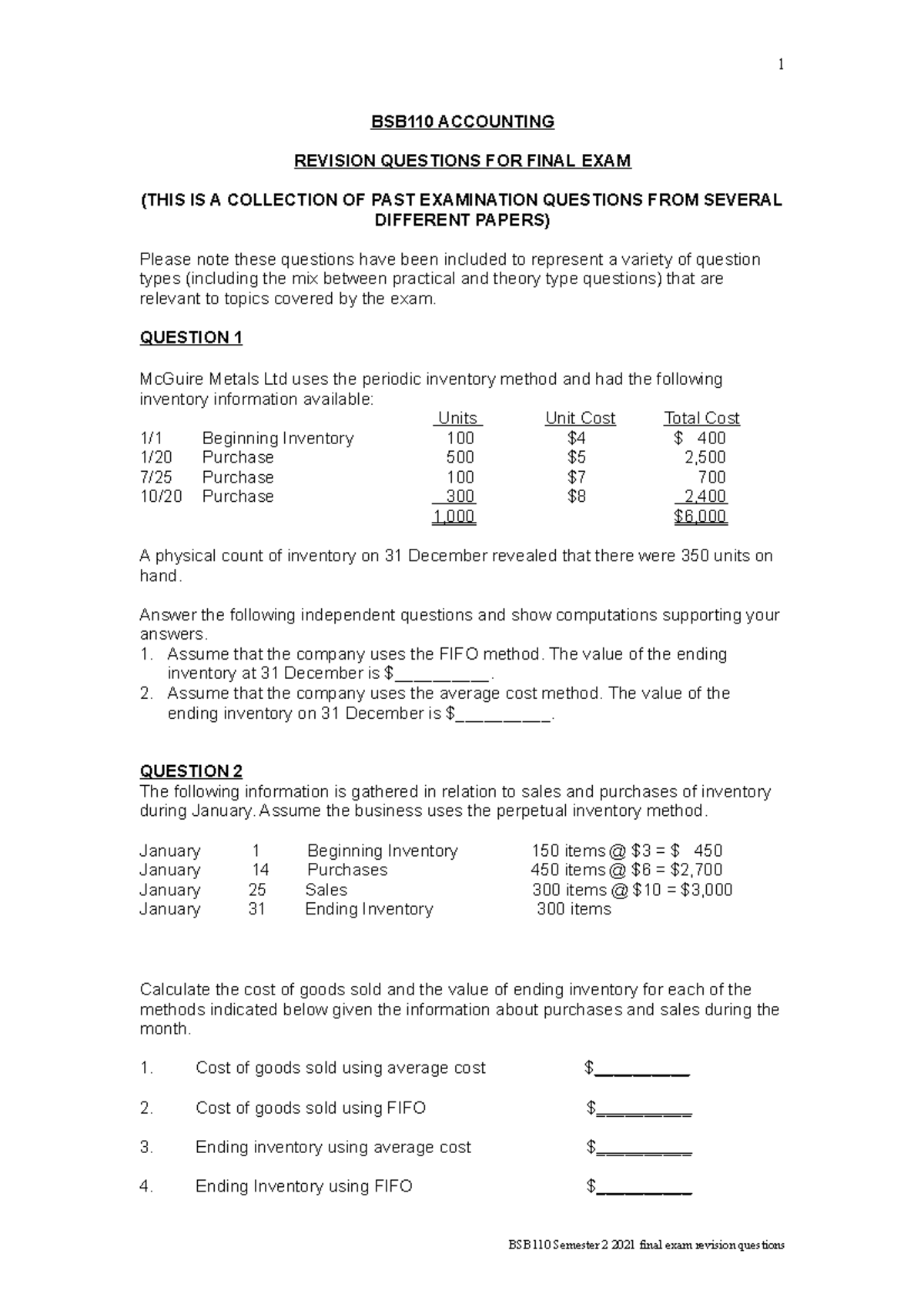 Final Exam Revision Questions - BSB110 - QUT - Studocu