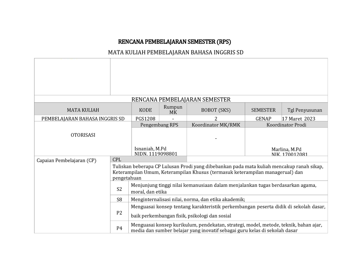 RPS Pembelajaran B. Inggris SD - RENCANA PEMBELAJARAN SEMESTER MATA ...