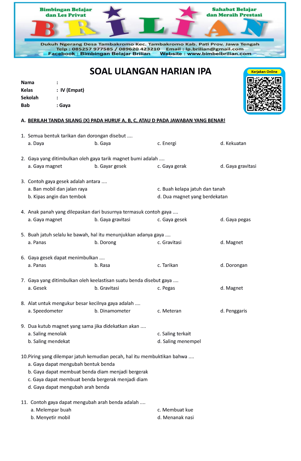 Soal Ulangan Harian IPA Kelas 4 SD - BAB 7 Gaya - SOAL ULANGAN HARIAN ...