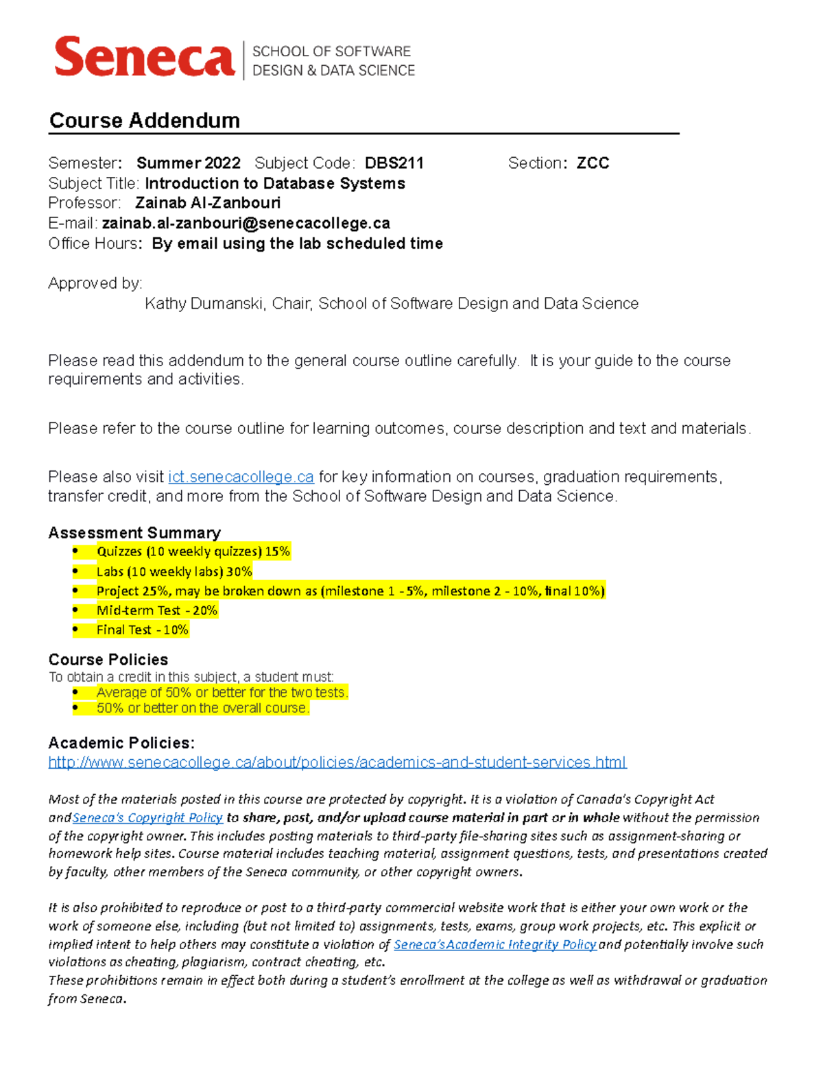 DBS211 Addendum Summer 2022 - Course Addendum Semester: Summer 2022 ...